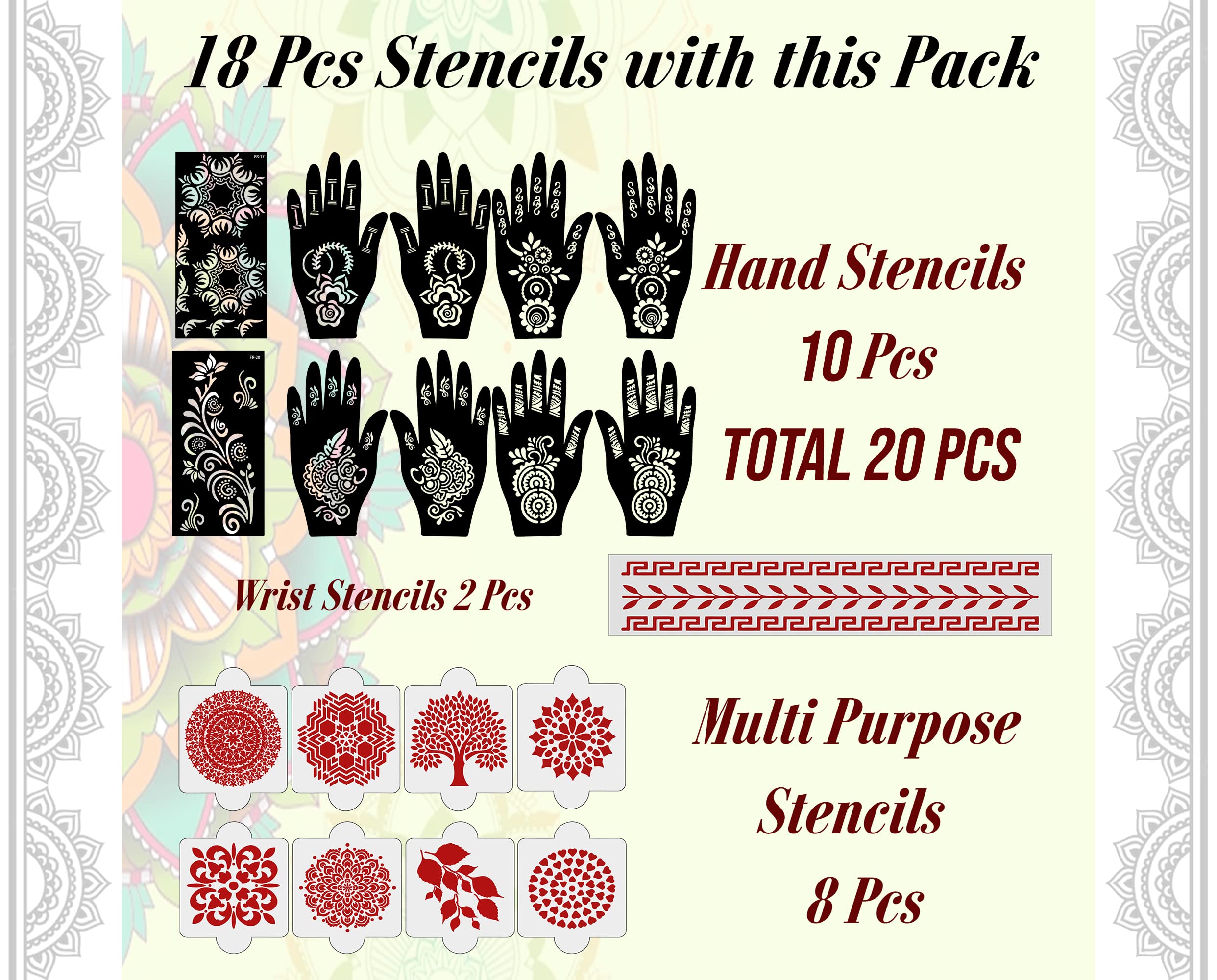 20-Piece Reusable Henna Stencil Kit for Hands - Easy Mehndi Design Stickers for Women, Girls & Teens | Perfect for Parties, Weddings & Festivals | Quick & Safe DIY Body Art | D-2251