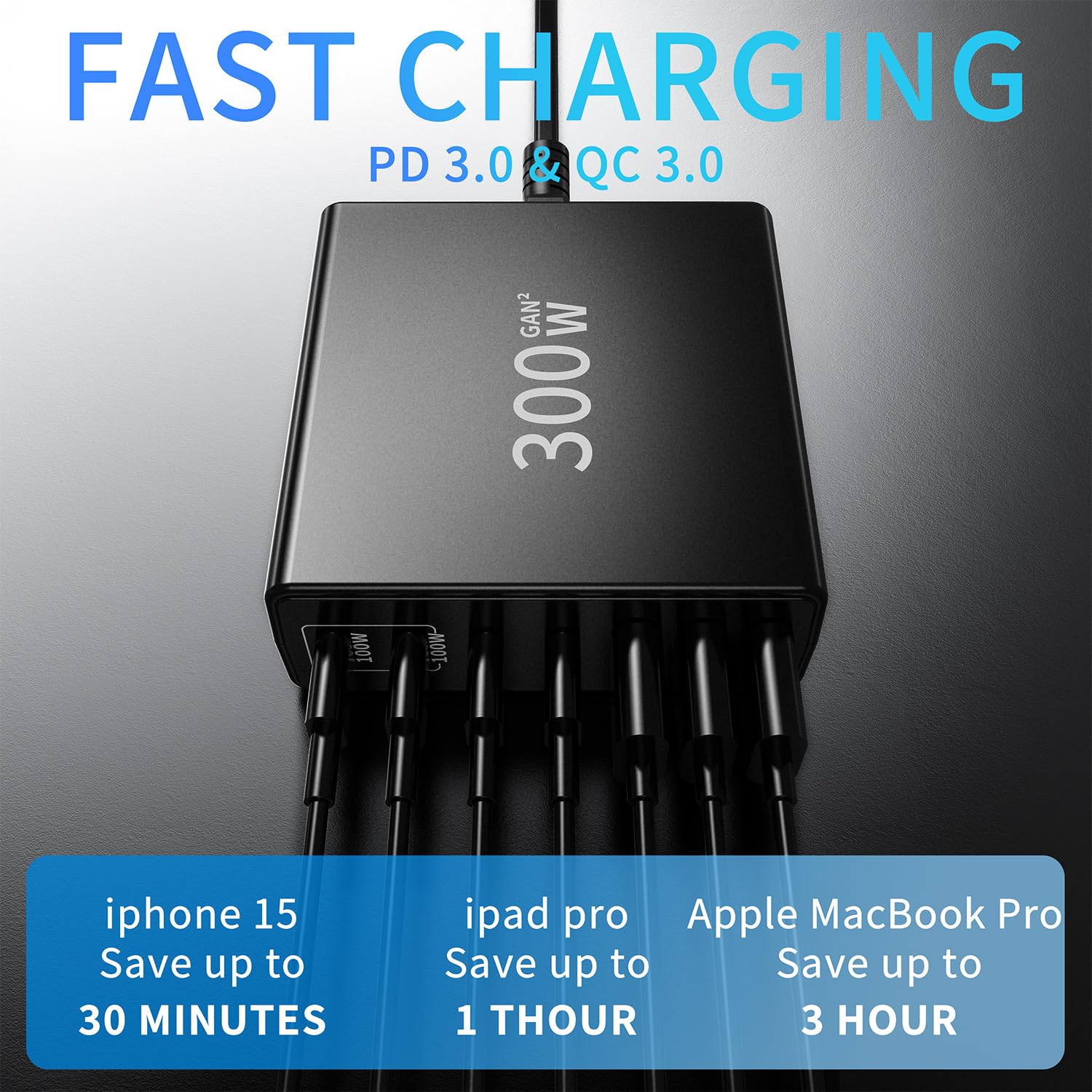 300W USB C Fast Charger Block - 7 Port Fast Charging Station with Dual PD PPS 100W for iPhone 15/14/Pro Max/12, Galaxy Note23, MacBook Pro/Air, iPad, Dell, HP, Surface Laptops | Matte Black | Perfect for Home, Office & Travel Charging Needs
