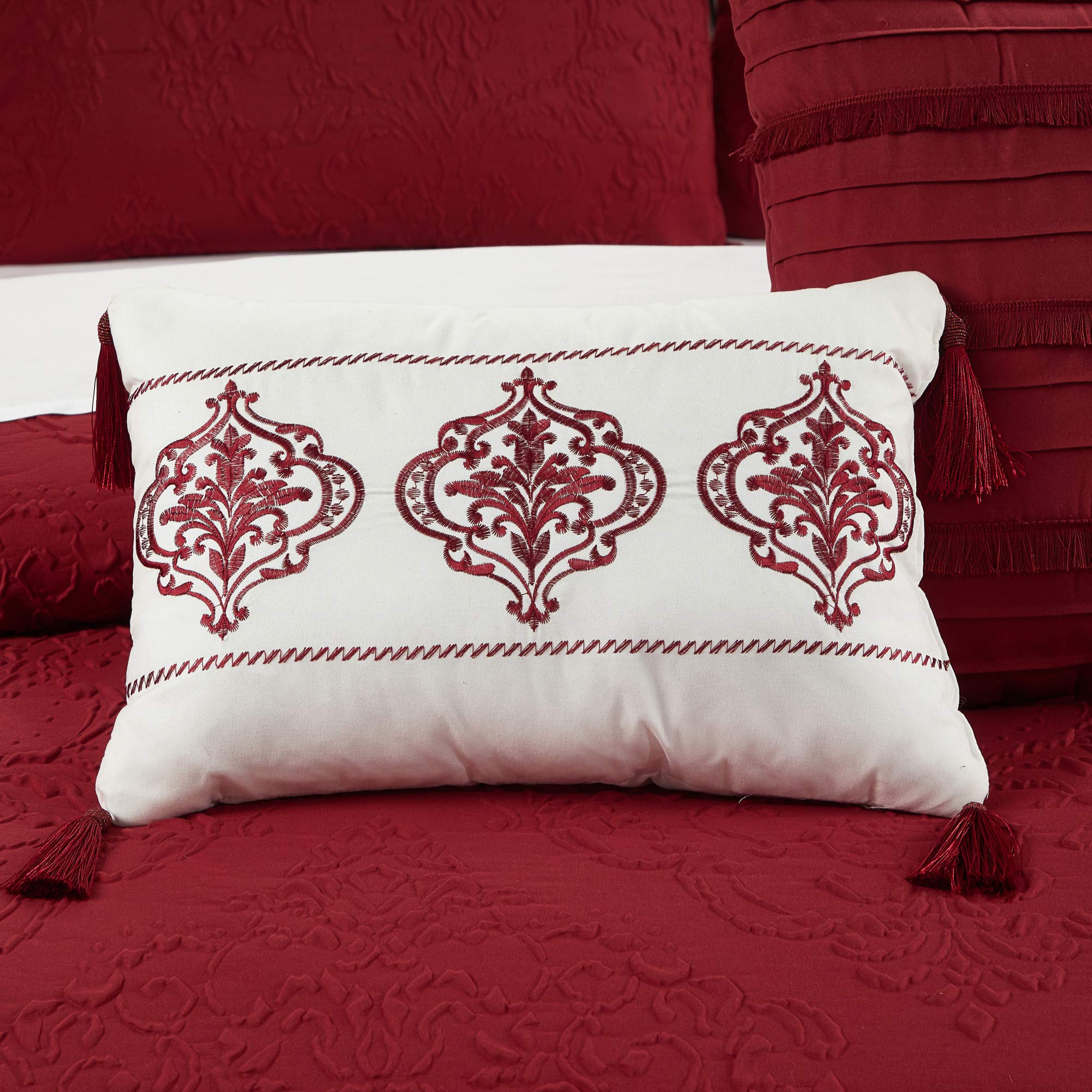 Chic Mayflower 5-Piece Queen Comforter Set with Embossed Medallion Scroll Design - Includes Decorative Pillows & Shams in Brick Red | Perfect for Master Bedroom, Guest Room & Cozy Home Decor