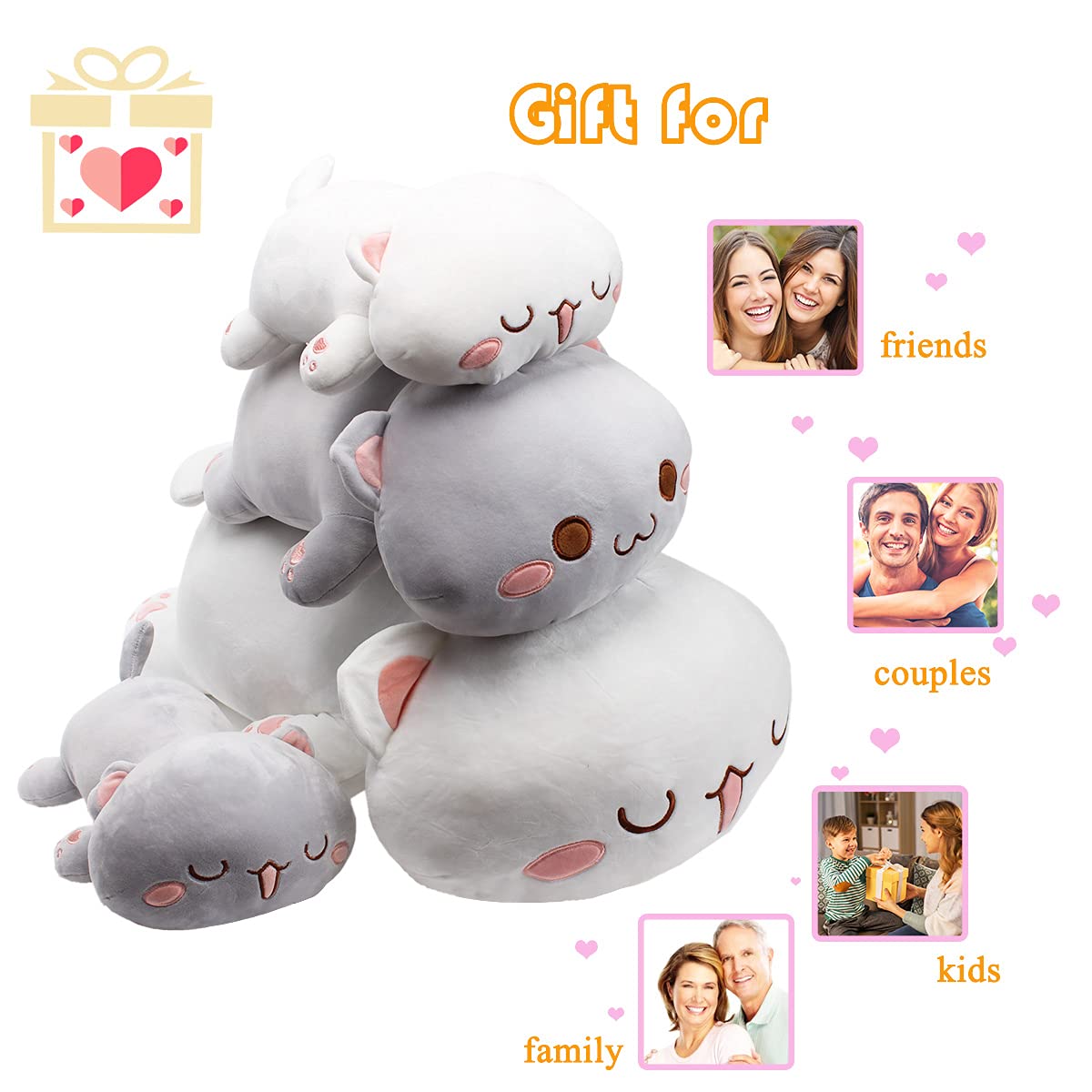 Soft Anime Kitten Plush Toy - 25.5 Inch Gray Squinting Eyes Stuffed Animal, Cute Hugging Pillow for Kids & Cat Lovers | Perfect for Bedroom Decor, Gift Giving, and Stress Relief