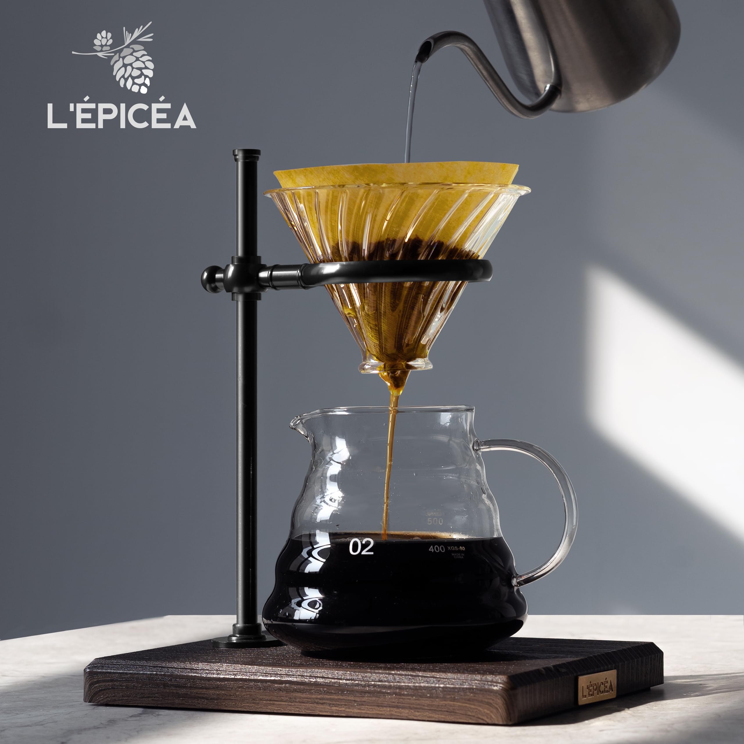 Premium Pour Over Coffee Maker Set - Stainless Steel Adjustable Stand with Wooden Base, Glass Carafe & Paper Filters | Ideal for Home Brewing, Office Use & Specialty Coffee Lovers