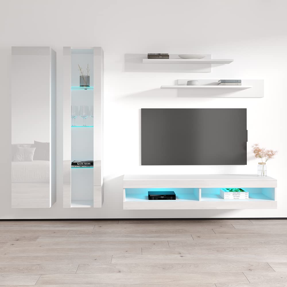 Modern White Wall-Mounted TV Stand with Storage Shelves & LED Lights - Floating Entertainment Center Console for Bedroom & Living Room - Perfect for Small Spaces & Home Theater Setup - Meble Furniture Fly A4 34TV Stand