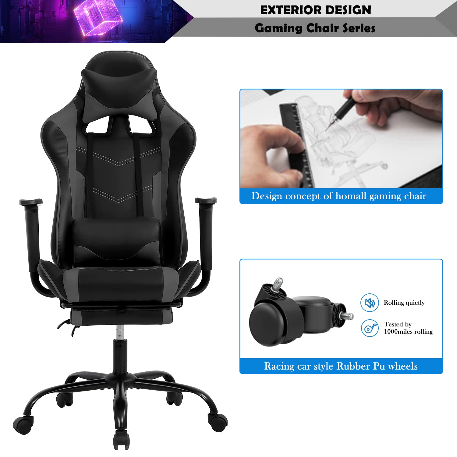 Ergonomic PC Gaming Chair - High Back PU Leather Racing Office Chair with Adjustable Lumbar Support & Headrest, Swivel Rolling Task Chair for Adults & Teens - Perfect for Gaming, Streaming & Home Office (Grey)