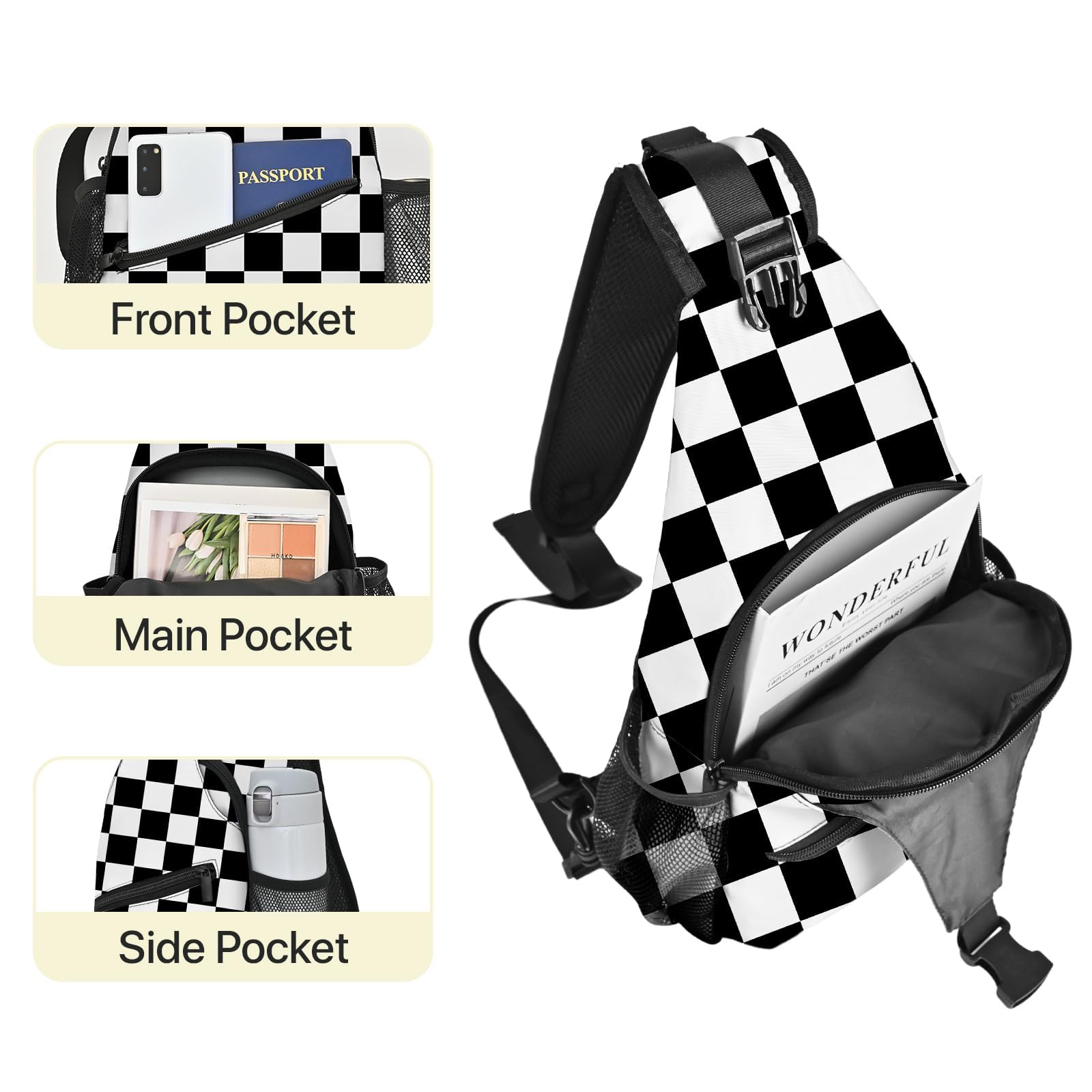 Yrebyou Black & White Checkered Crossbody Sling Bag - Lightweight Chest Backpack for Women & Men - Perfect for Travel, Hiking, Biking, Running & Outdoor Activities - Multipurpose Fashion Shoulder Bag