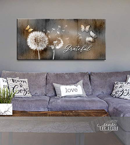 Grateful Dandelions Rustic Wall Art - Handmade Butterfly Decor for Bedroom - 60x27 Brown Framed Canvas Painting - Perfect for Boho Home Decor, Living Room & Nursery Wall Art