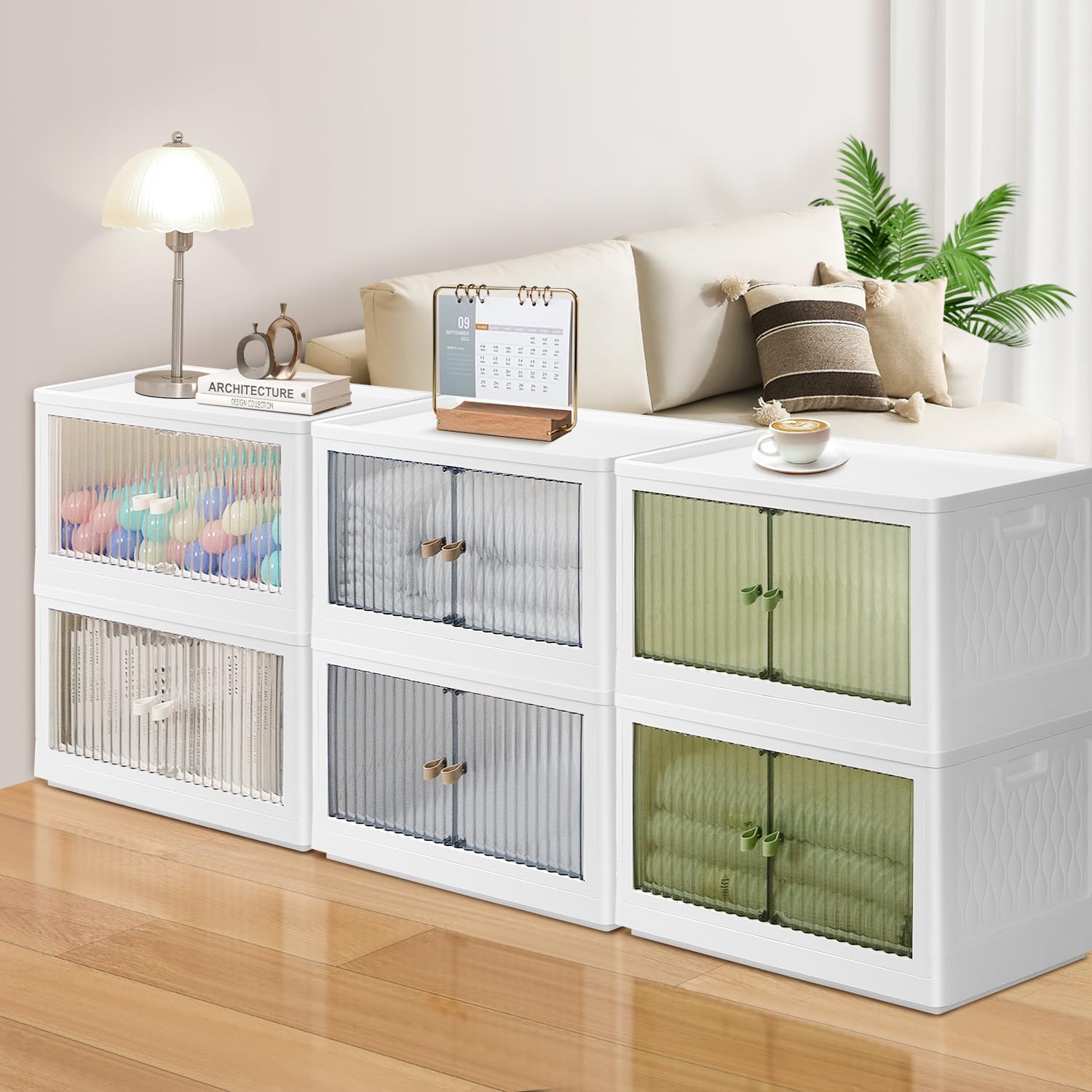 19 Gallon Stackable Storage Bins with Lids (3-Pack) - Collapsible Plastic Storage Boxes with Wheels & Doors, Large Foldable Organizer for Dorm Room Clothes, Toys & Home Organization - Space Saving Grey Storage Solution