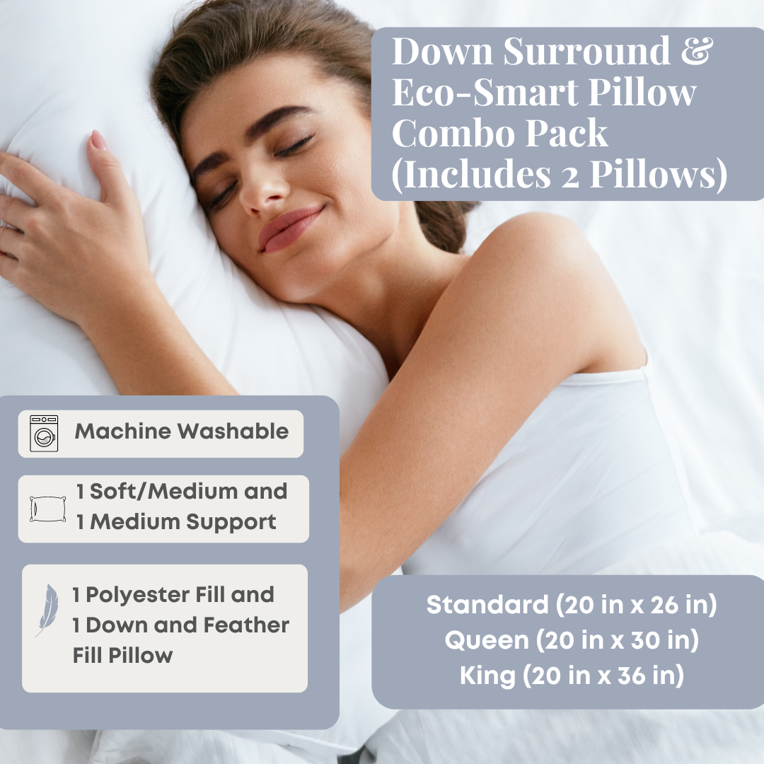 Premium Down Surround & Eco Smart Pillow Combo Pack (Set of 2) - Ultra Soft Support for Side, Back & Stomach Sleepers - Perfect for Home, Travel & Guest Rooms