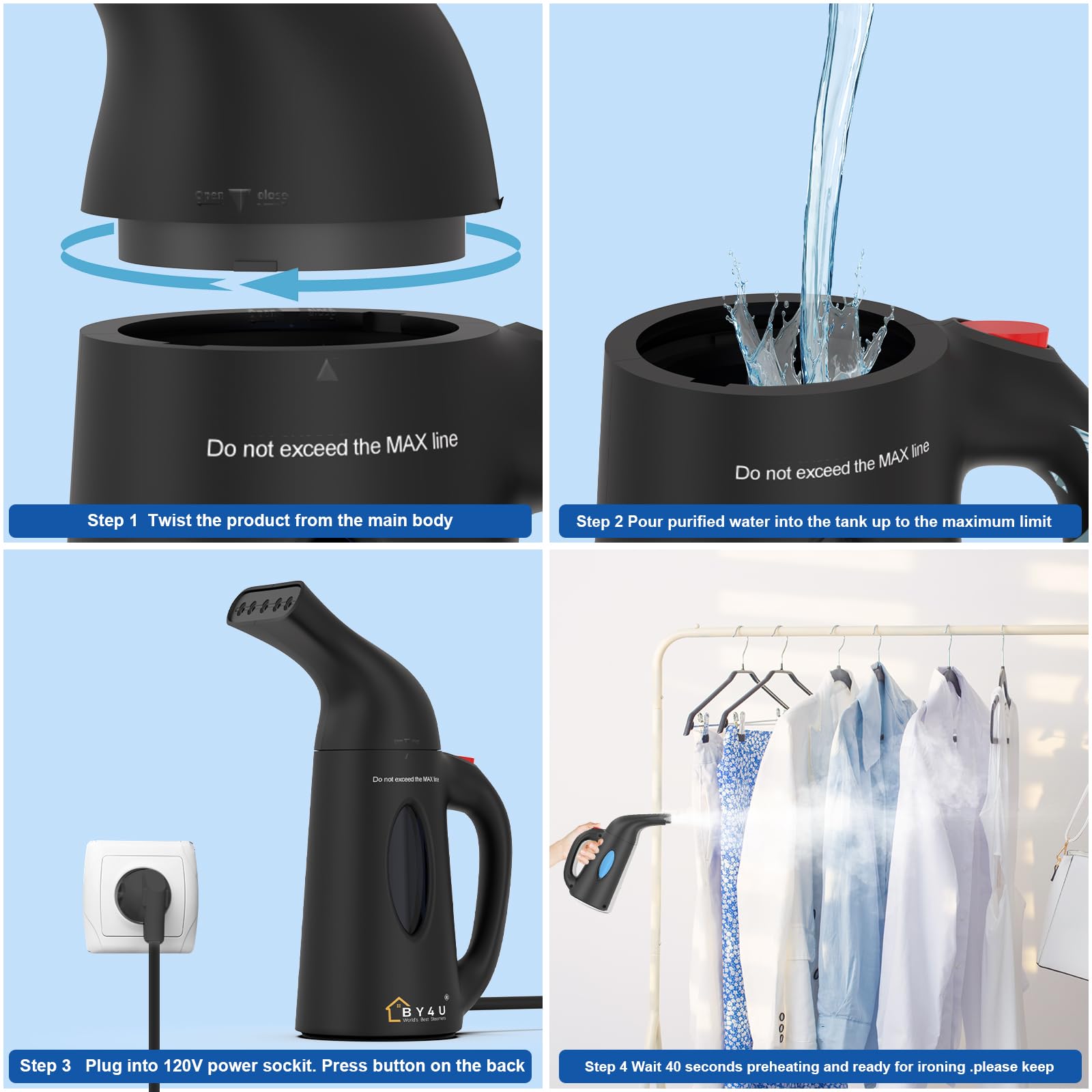 Portable Handheld Garment Steamer - Powerful Wrinkle Remover for Clothes, Quick Heating Travel Steamer for Home & On-The-Go (Black) | Perfect for Business Trips, Vacations & Daily Outfit Care