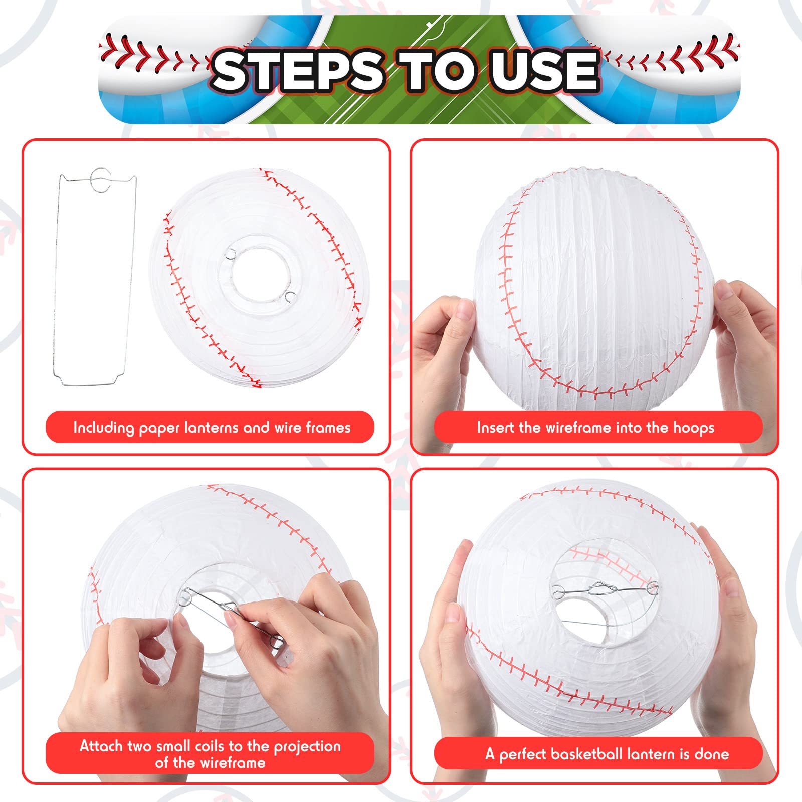 12 Pack Baseball Themed Paper Lanterns - 8 Inch Hanging Party Decorations for Baseball Birthday, Sports Team Events & Game Day Celebrations - Perfect for Baseball Field Parties, Dugout Decor & Fan Zone Atmosphere