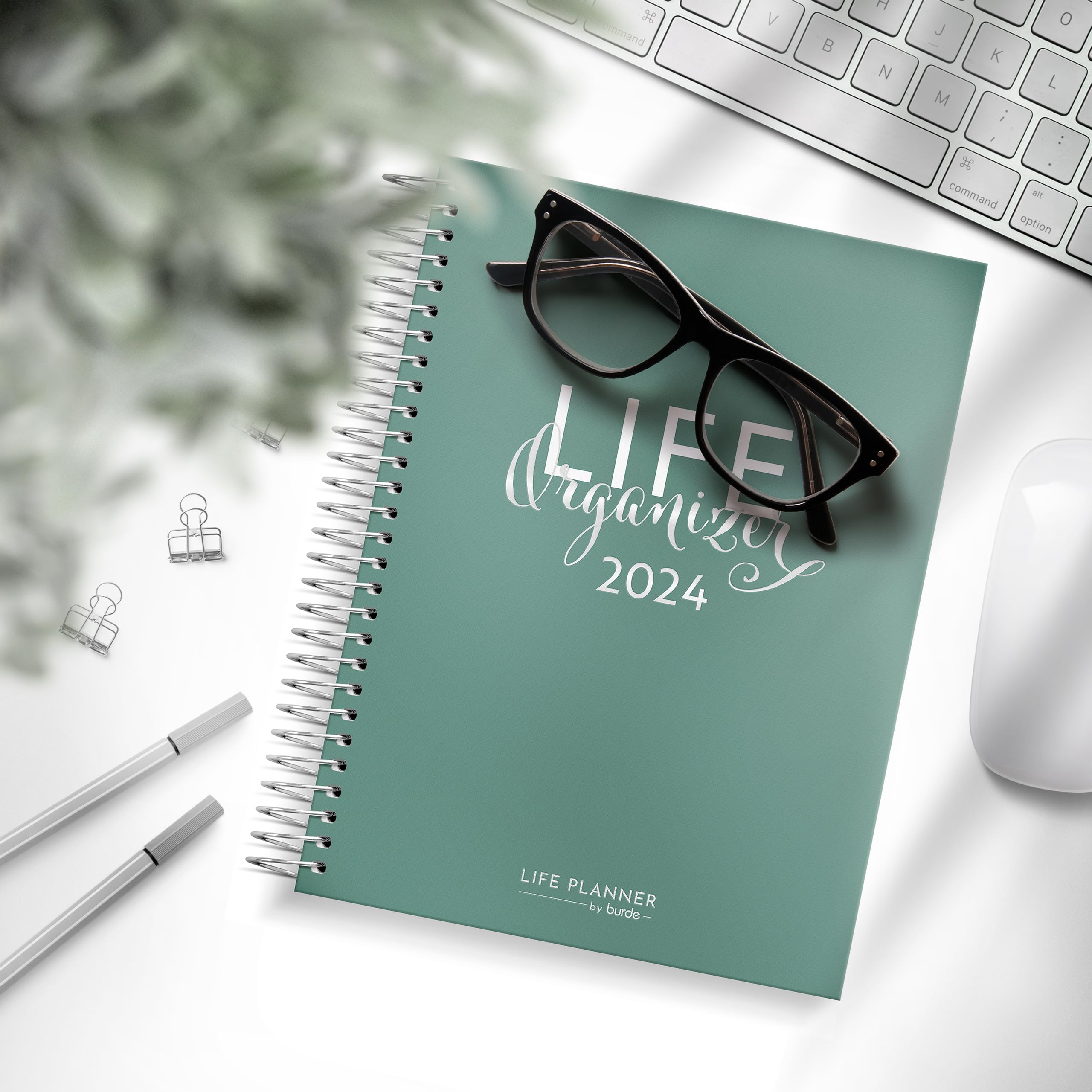 Burde Planner 2024-2025 - Green Hardcover Life Organizer with Silver Spiral Binding | Daily Weekly Monthly Planner & Scheduler | Thick Paper | Perfect for Work, School, and Personal Goal Tracking