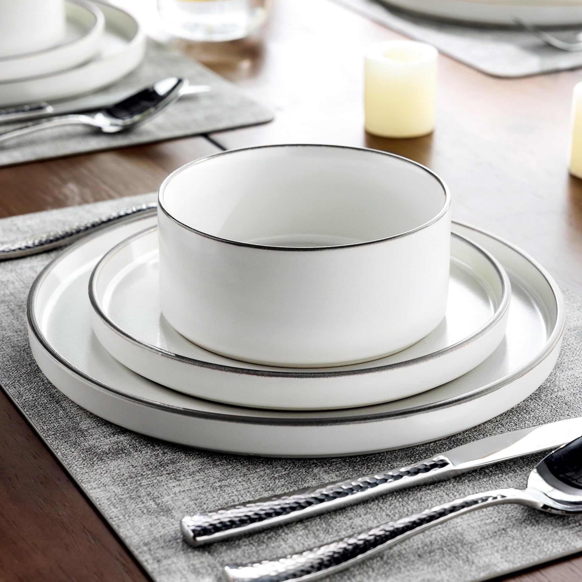 LERATIO 16-Piece Ceramic Dinnerware Set for 6, High Edge Stoneware Plates & Bowls - Chip & Crack Resistant, Oven/Dishwasher/Microwave Safe - Creamy White - Perfect for Family Dinners, Restaurants & Entertaining