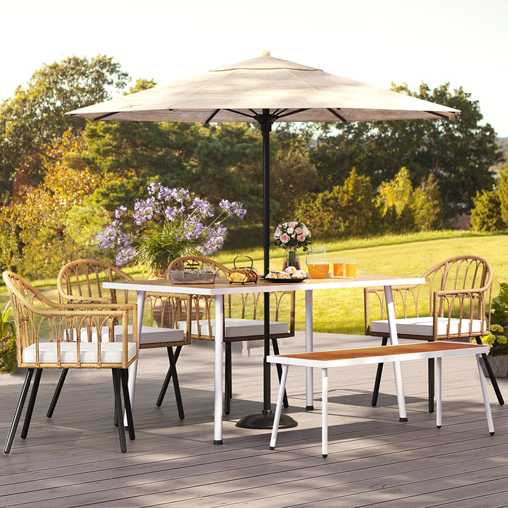 YITAHOME 8-Piece Outdoor Patio Dining Set - Rattan Wicker Chairs, Backless Bench & Table with Umbrella Hole - Perfect for Garden, Backyard, Balcony, Lawn & Outdoor Entertaining