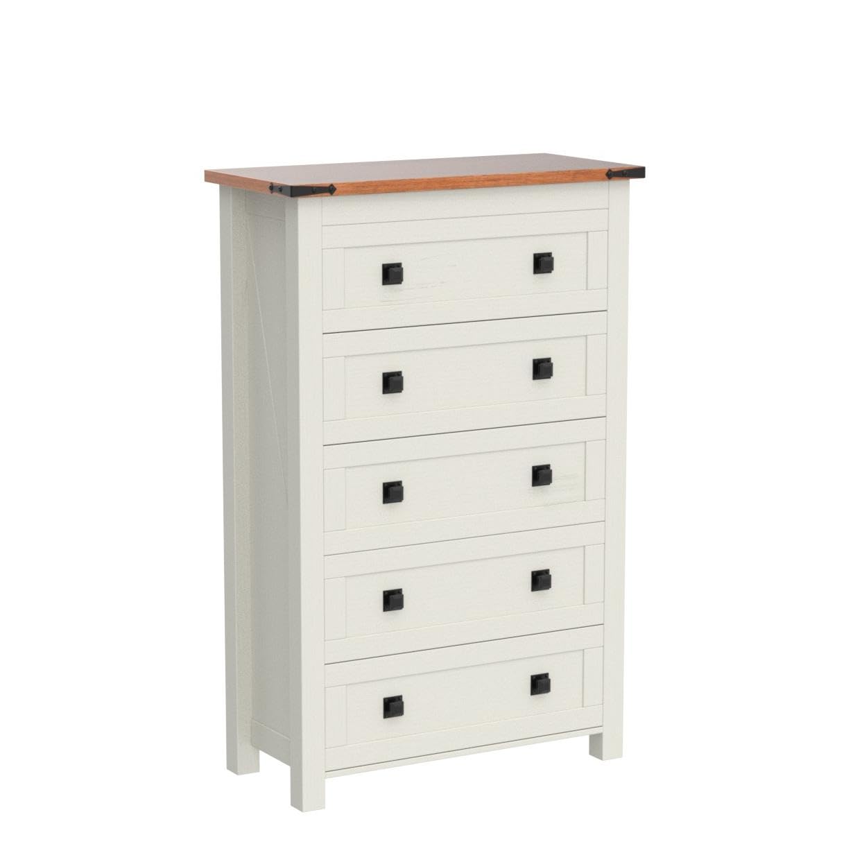 T4TREAM Farmhouse 5-Drawer Dresser Chest - Rustic Wood Tall Chest of Drawers for Bedroom Storage - Antique White Dresser Organizer for Bedroom, Living Room & Hallway - Perfect for Home Decor, Guest Rooms & Closet Organization