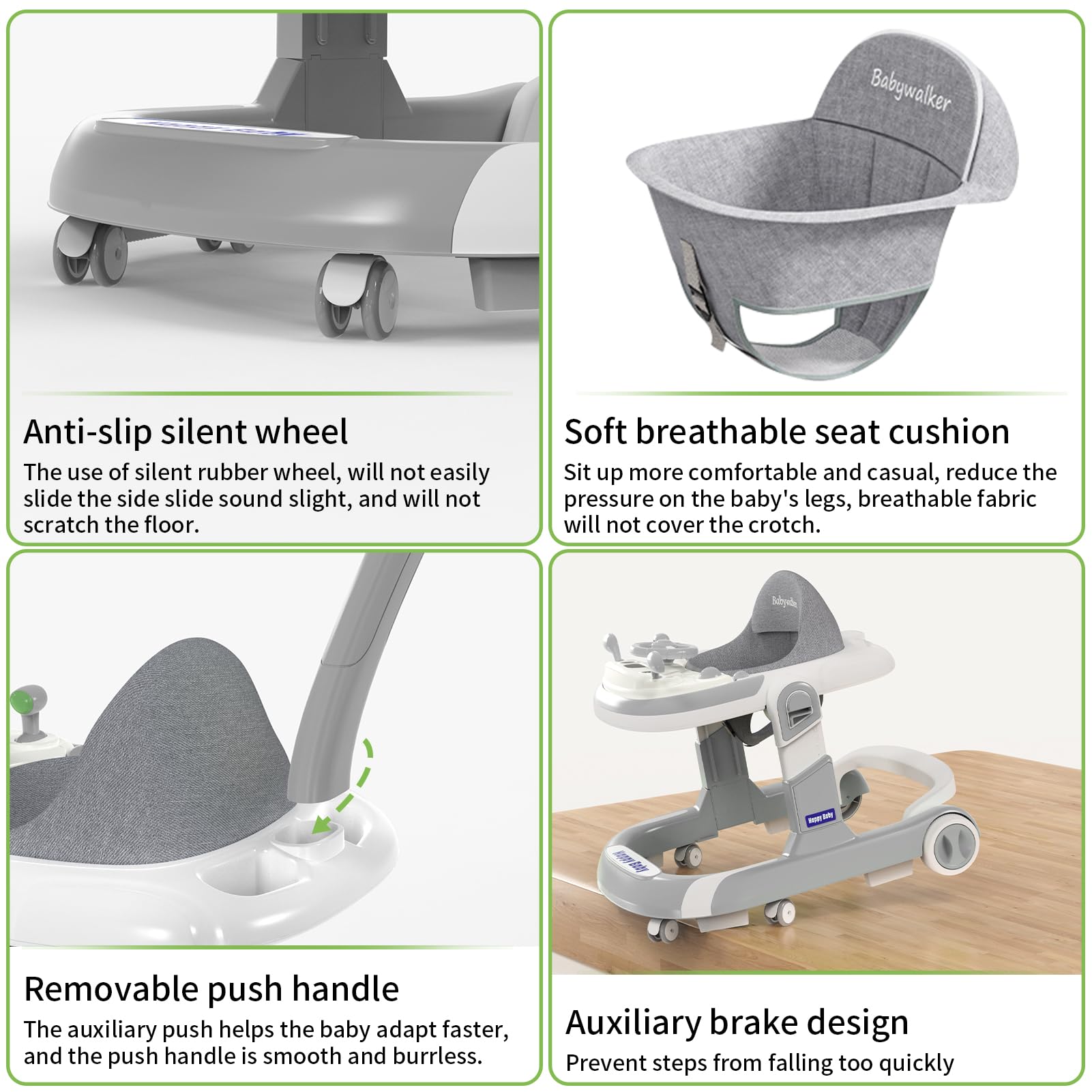 Foldable Baby Walker with Wheels - 5 Modes, Music & Adjustable Height (6-12 Months) | Includes Push Handle, Bouncer, Food Tray & Sunshade | Perfect for Learning to Walk & Indoor Play (Grey)