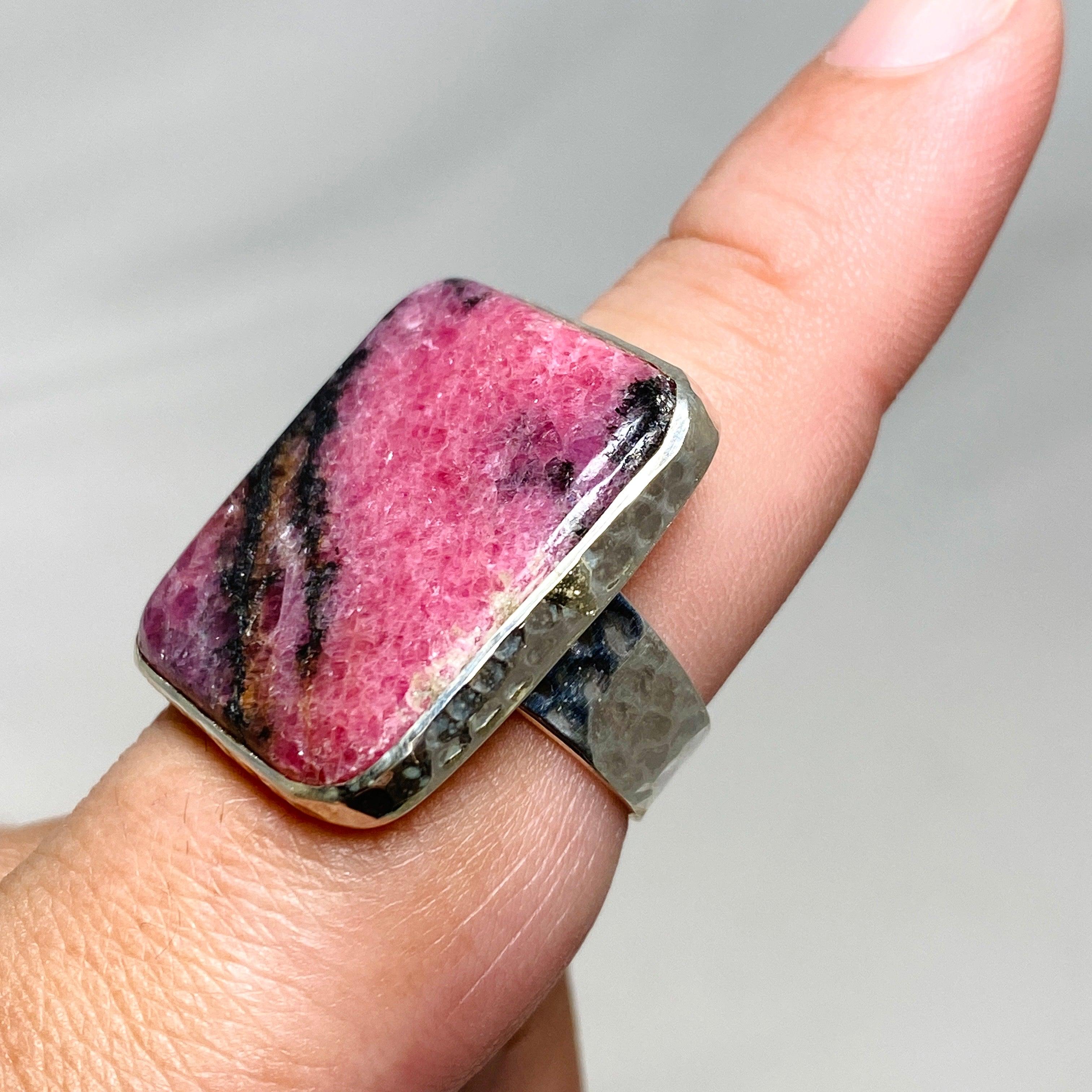 Rhodonite Rectangle Ring in Hammered Silver Setting - Size 9.5 (KRGJ3212) | Healing Stone Jewelry for Women, Meditation & Spiritual Gifts