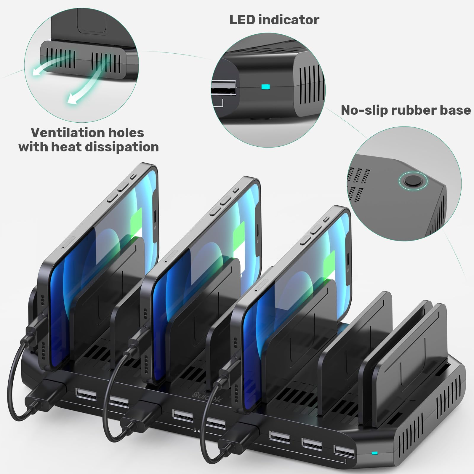 10-Port USB Charging Station 60W - Multi Device Charger for Tablets & Smartphones - Home & Office Use