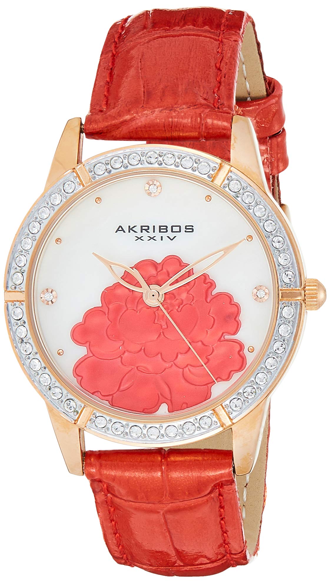 Akribos XXIV Women's Luxury Watch with Swarovski Crystals & Mother of Pearl Dial - Floral Design, 3 Crystal Hour Markers, Genuine Leather Strap - AK805 - Perfect for Formal Events, Office Wear & Special Occasions
