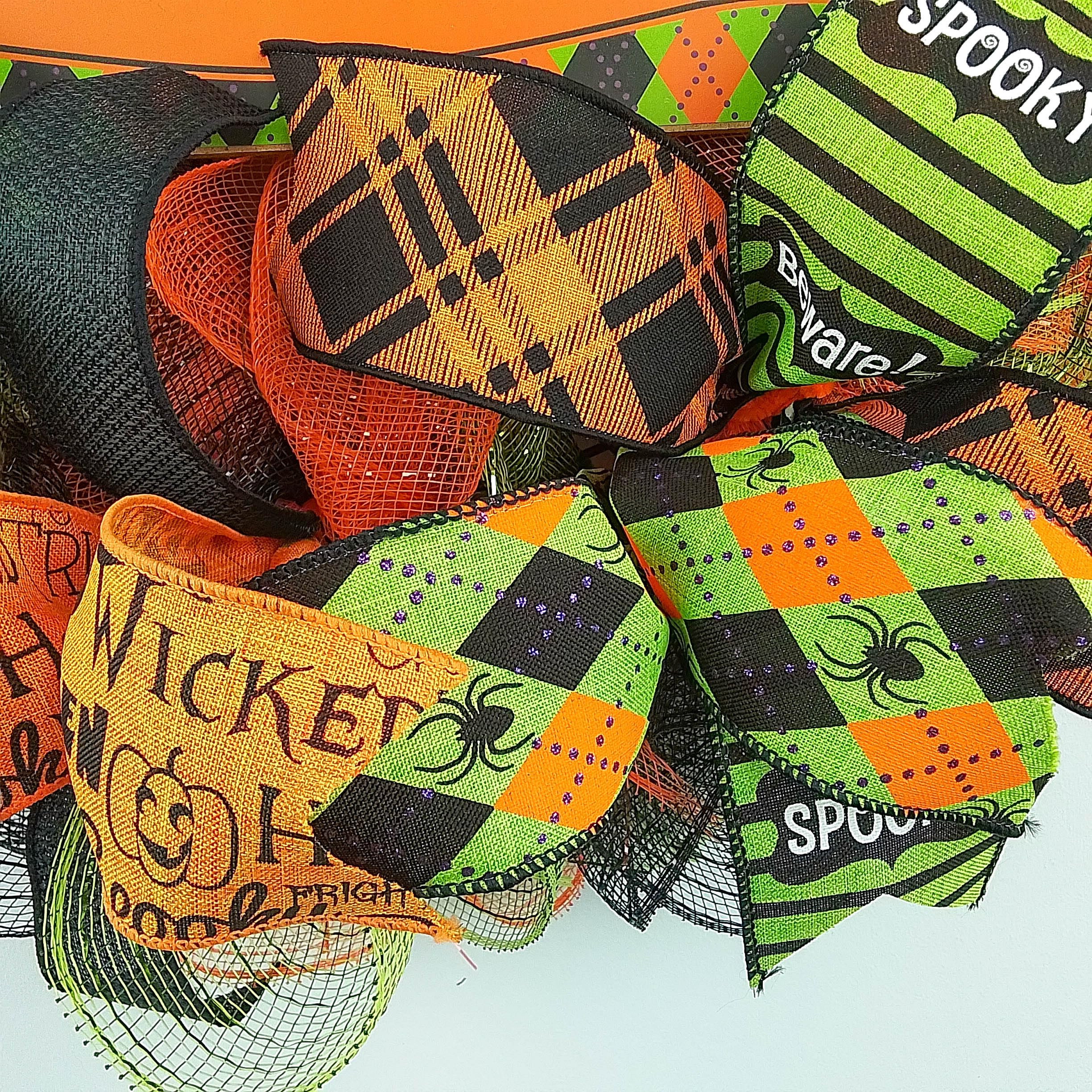 Happy Halloween Wreaths - Mesh Outdoor Front Door Decor in Black, Orange, Purple & Lime Green | Spooky Fall Porch Decoration for Home & Party