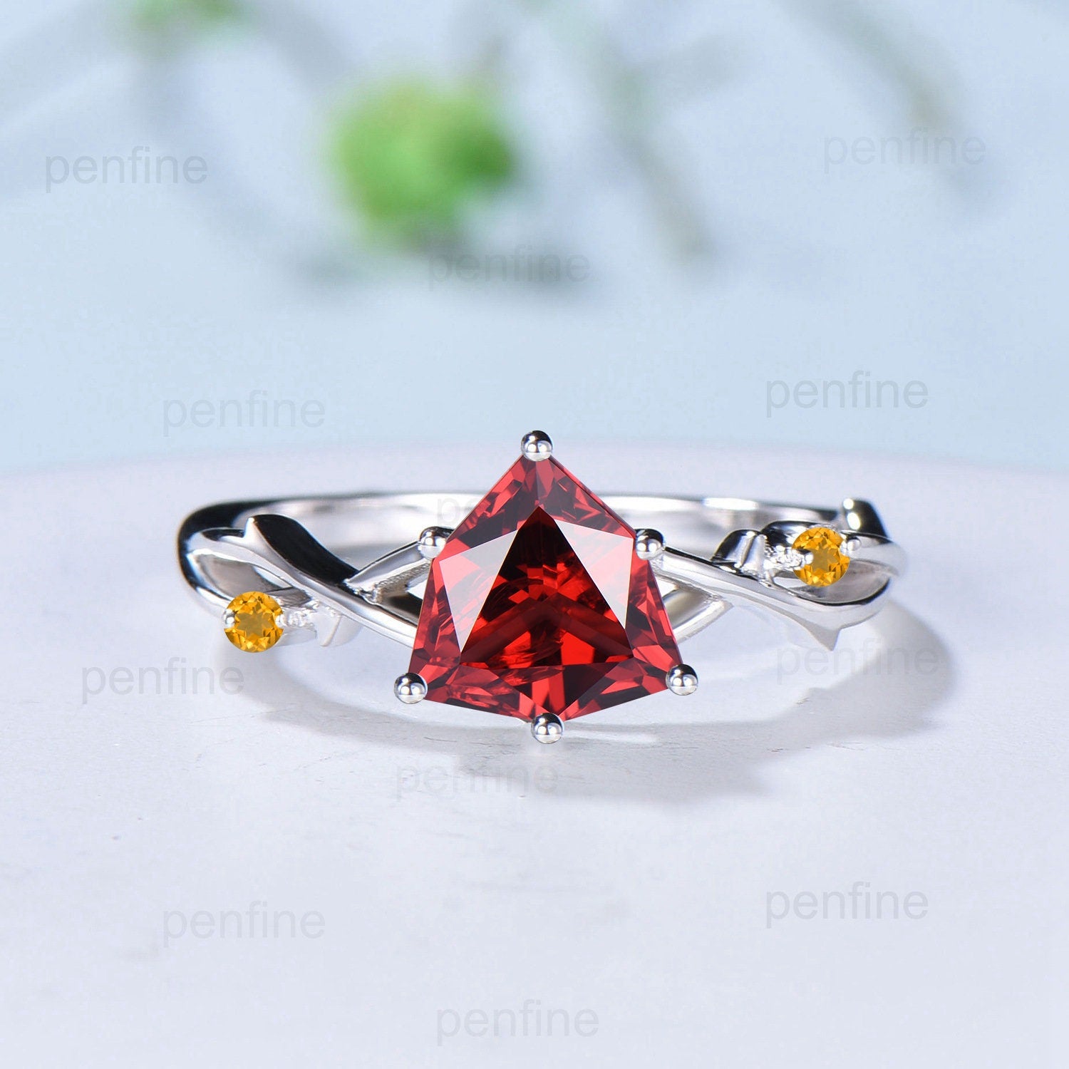8mm Shield Cut Garnet Engagement Ring - Art Deco Vintage Twig Vine Wedding Band - Infinity Leaf Branch Design - January Birthstone Jewelry for Women - Perfect for Proposals, Anniversaries & Special Occasions