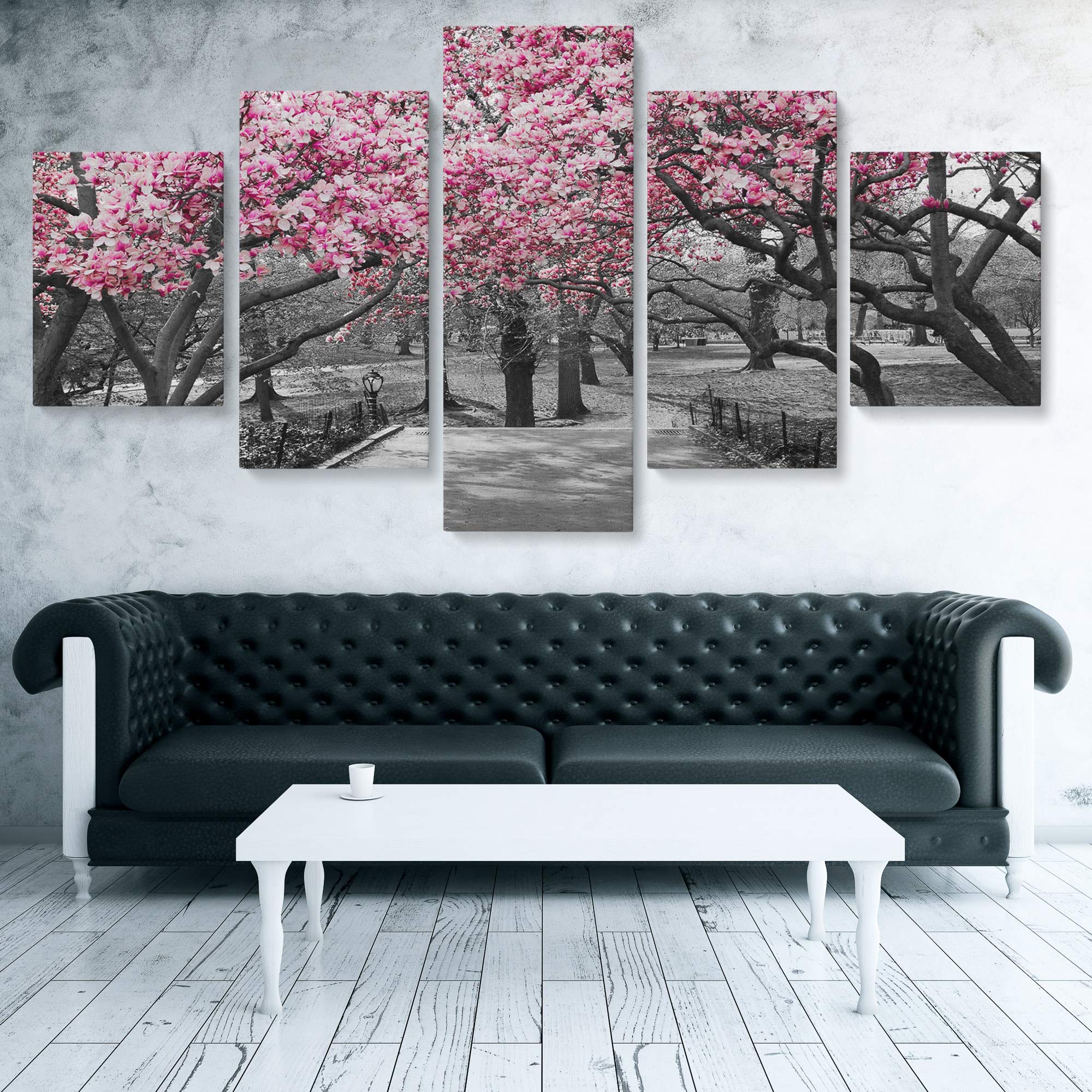 Blaze Canvas Black & White Wall Art - Pink Blossoms Canvas Painting Set (5 Piece Medium) - Perfect for Living Room, Bedroom & Office Decor