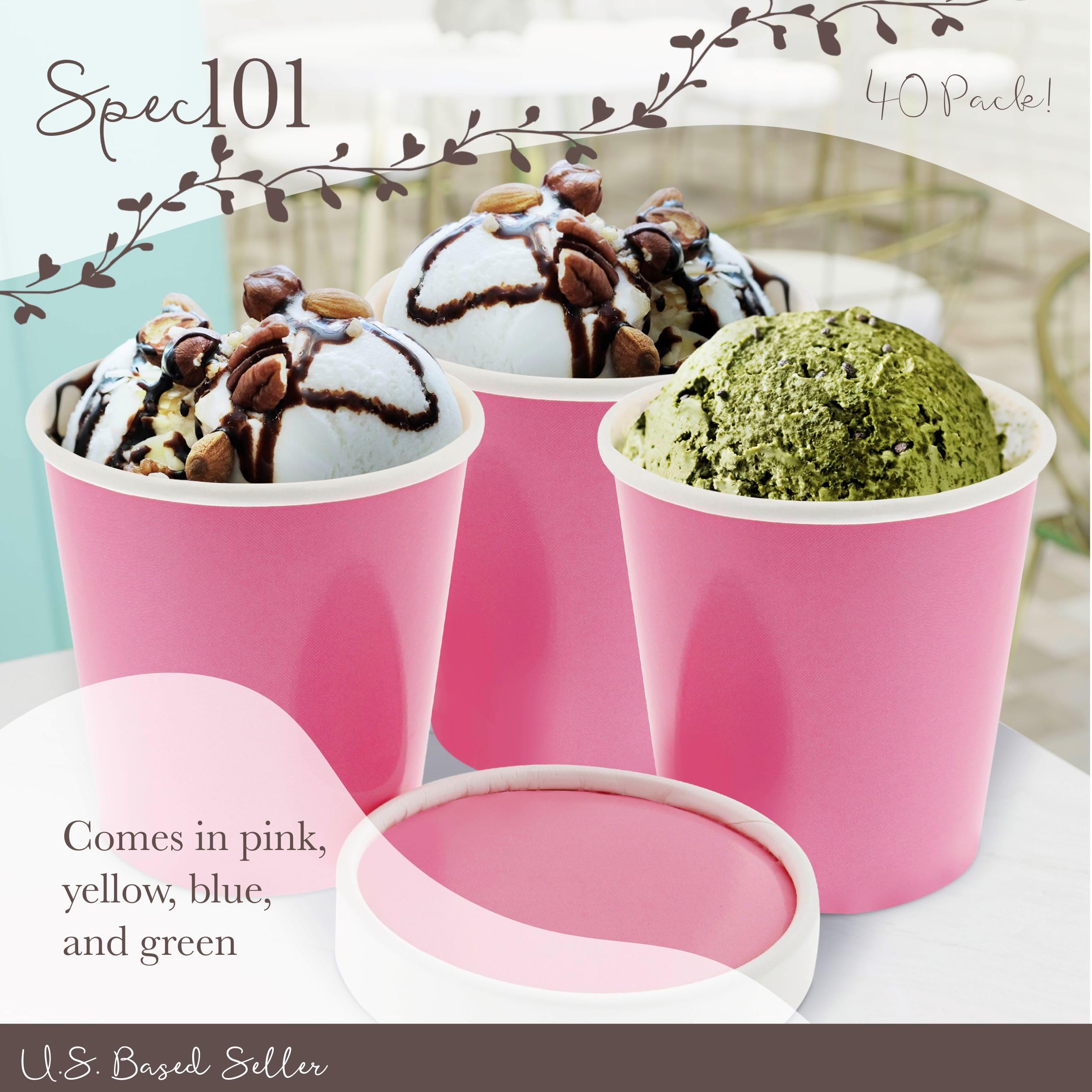 Colorful Disposable Paper Ice Cream Cups with Lids - 40 Pack Eco-Friendly Dessert Bowls for Ice Cream, Soups, Snacks & Party Serving | Perfect for Birthday Parties, Picnics & Catering Events