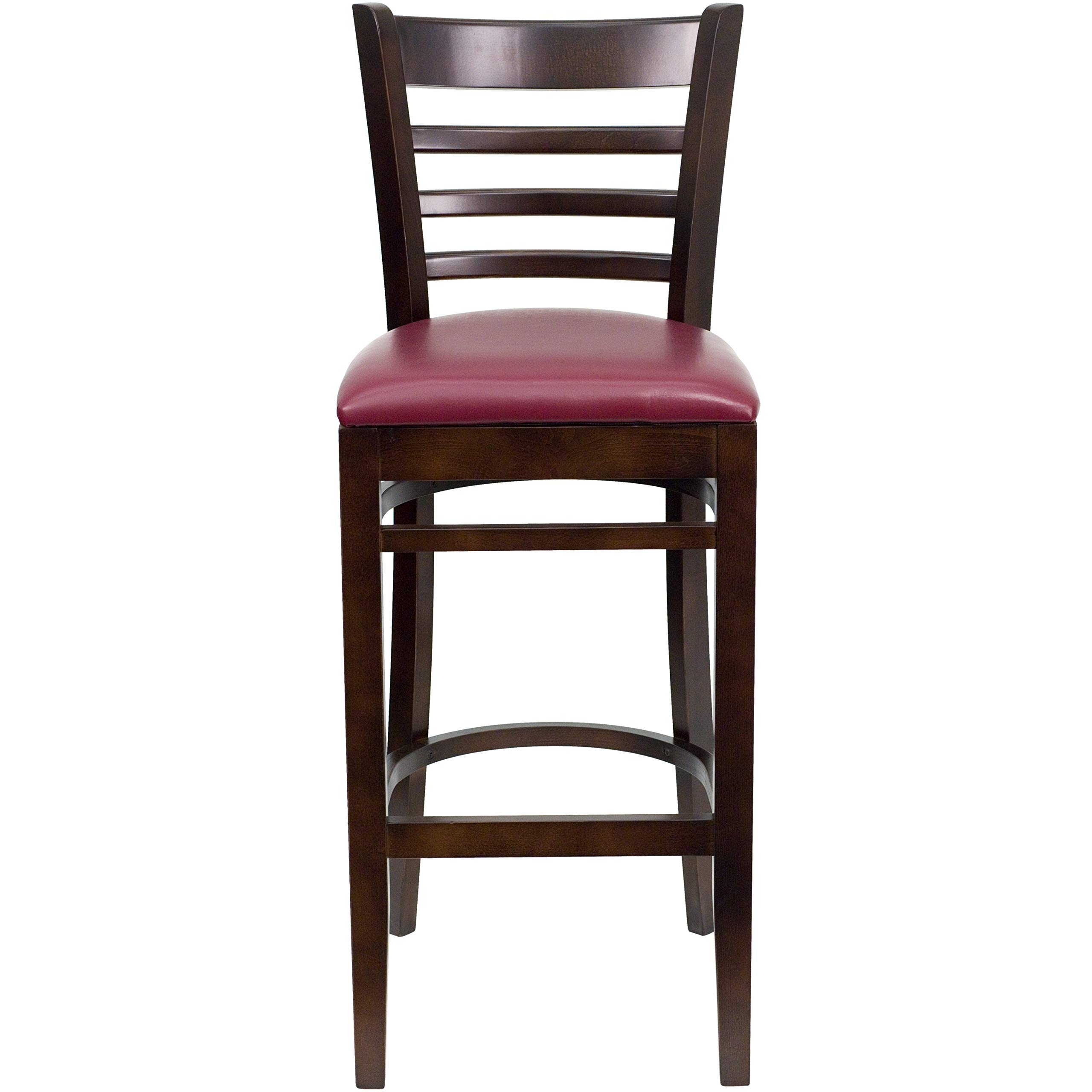 2 Pack Walnut Wood Bar Stools with Burgundy Vinyl Upholstered Seats - Rustic Ladder Back Design for Kitchen Island, Breakfast Bar & Restaurant Counter Stools - Durable & Comfortable Dining Chairs