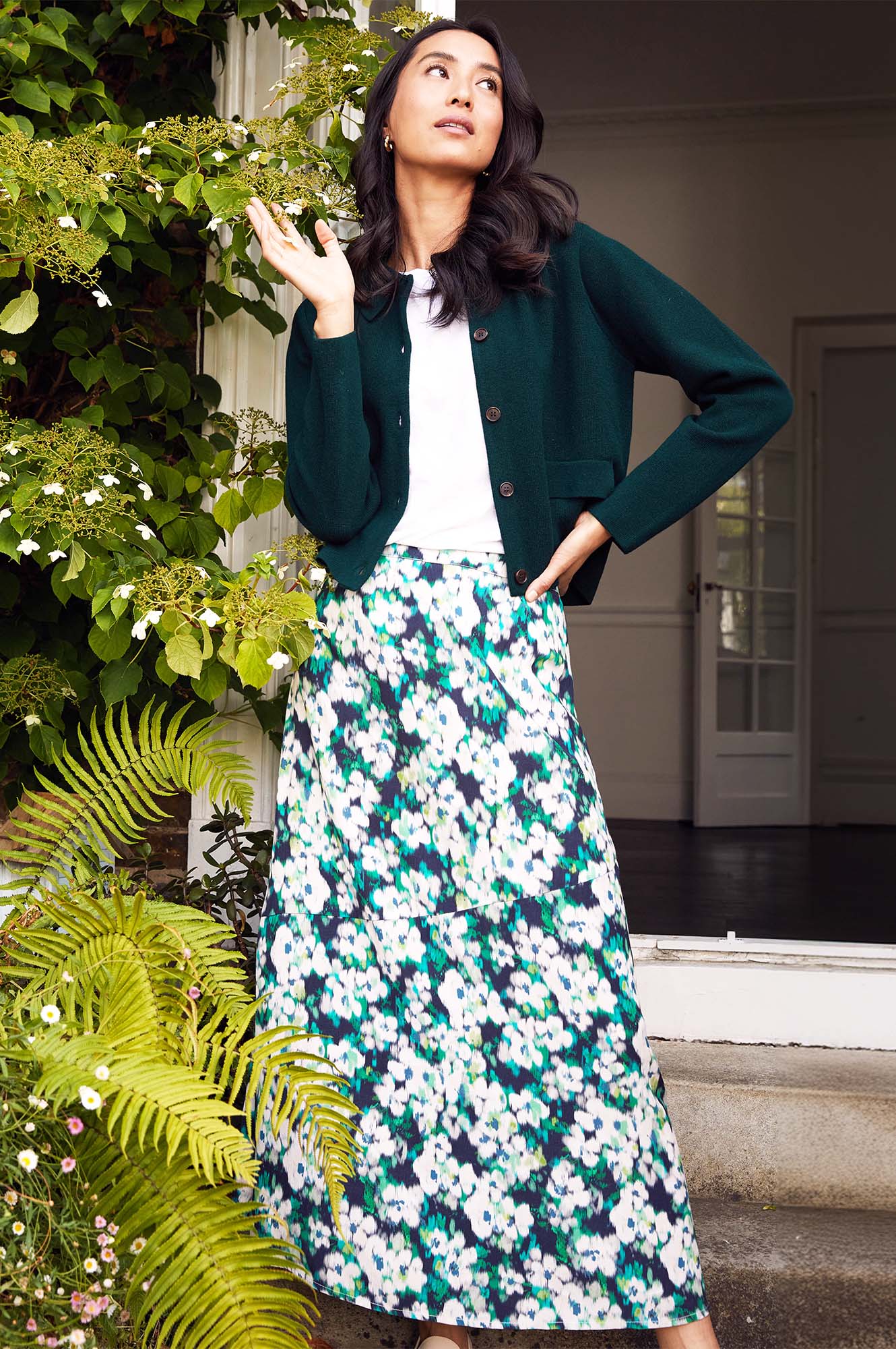 Elodie Skirt - Floral Print Midi Skirt in Navy, Cream & Green | Boho Chic Summer Dress for Women | Perfect for Beach Vacations, Date Nights & Casual Outings