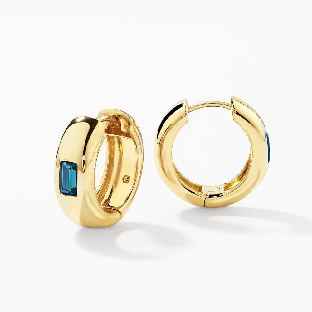 Blue Topaz Baguette Curve Huggie Hoop Earrings in 14K Gold - Perfect for Weddings, Parties & Everyday Elegance