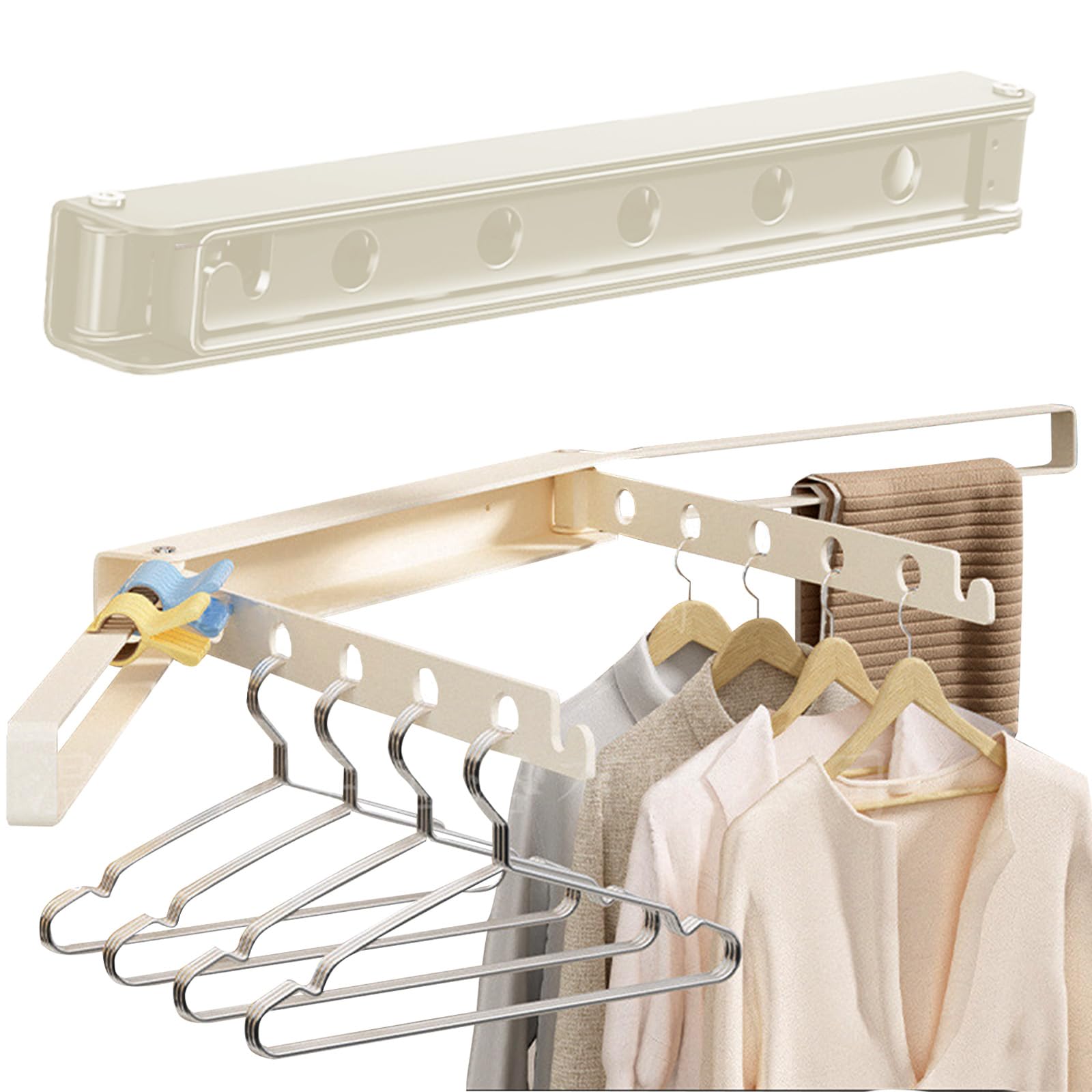 Foldable Wall Mounted Drying Rack for Laundry - Space Saving Clothes Hanger with Collapsible Hooks, Cream (Perfect for Small Apartments, Bathrooms & Laundry Room Organization)