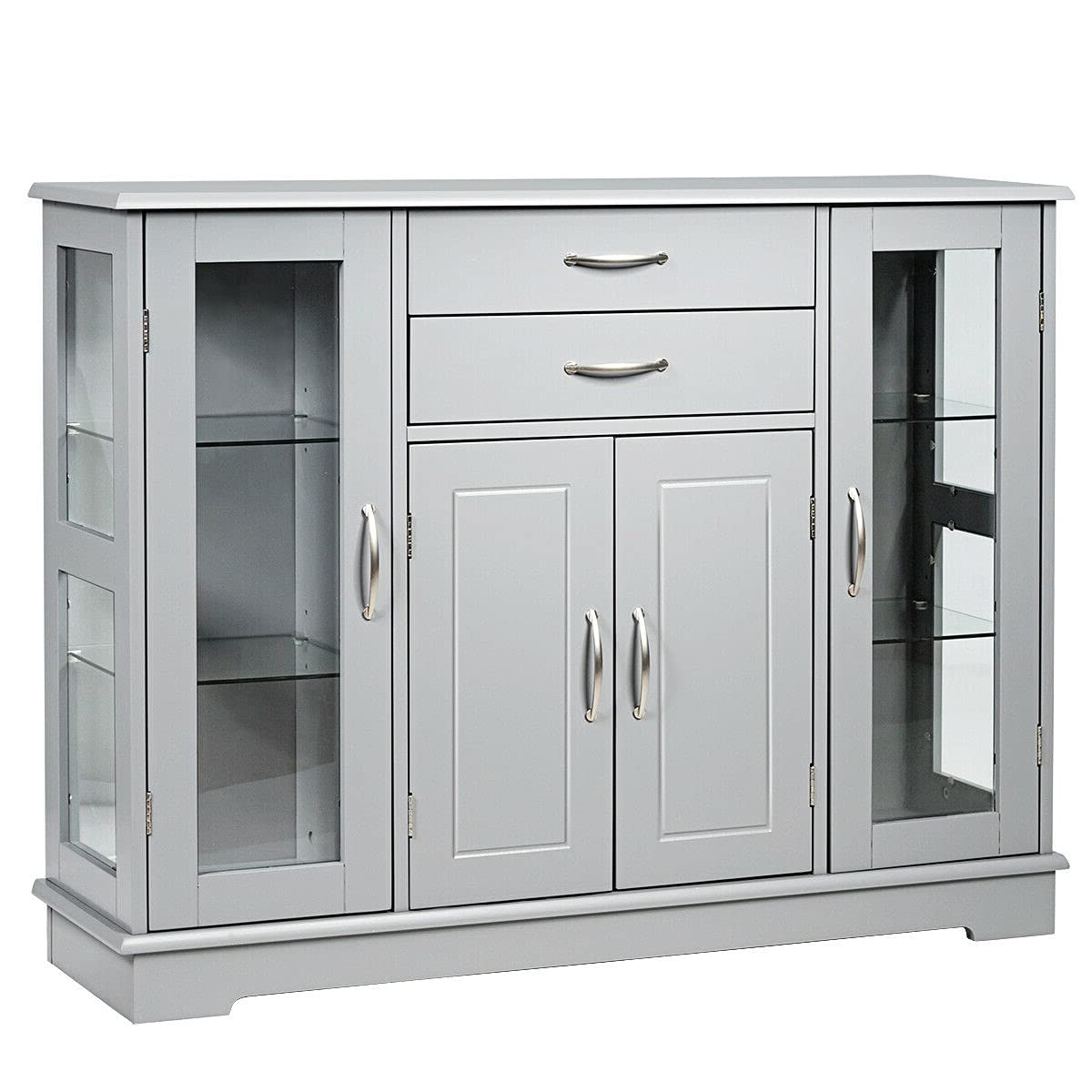 Grey Kitchen Buffet Cabinet with 2 Drawers & 2 Glass Doors - Dining Room Storage Sideboard for Napkins, Cutlery, Dishes & Wine Glasses - Perfect for Home Entertaining & Small Space Organization