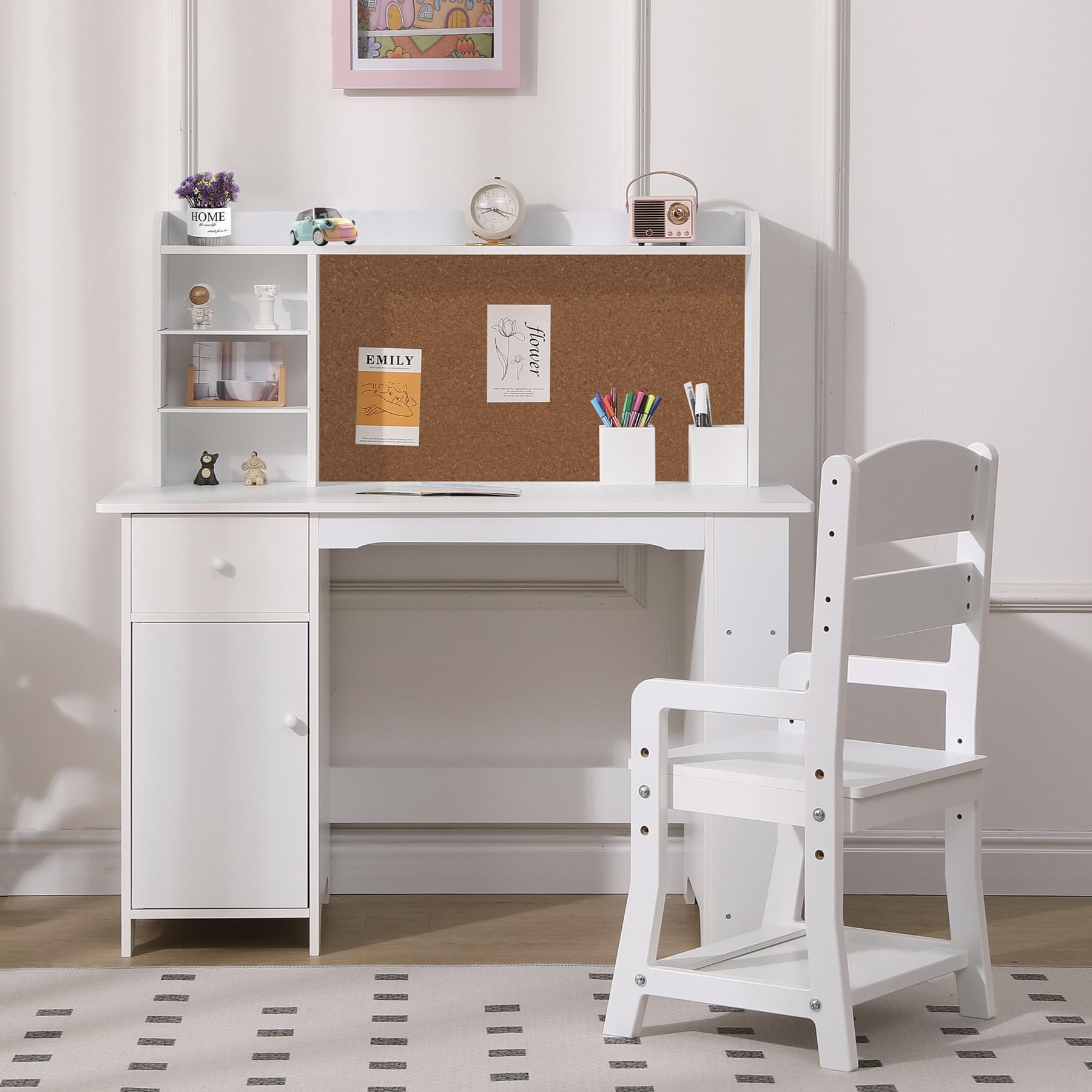 White Study Desk and Chair Set with Bookshelf, Bulletin Board & Storage Cabinets - Perfect Kids Study Furniture for Boys & Girls Ages 3-8 - Ideal for Bedroom, Homeschooling & Learning Activities