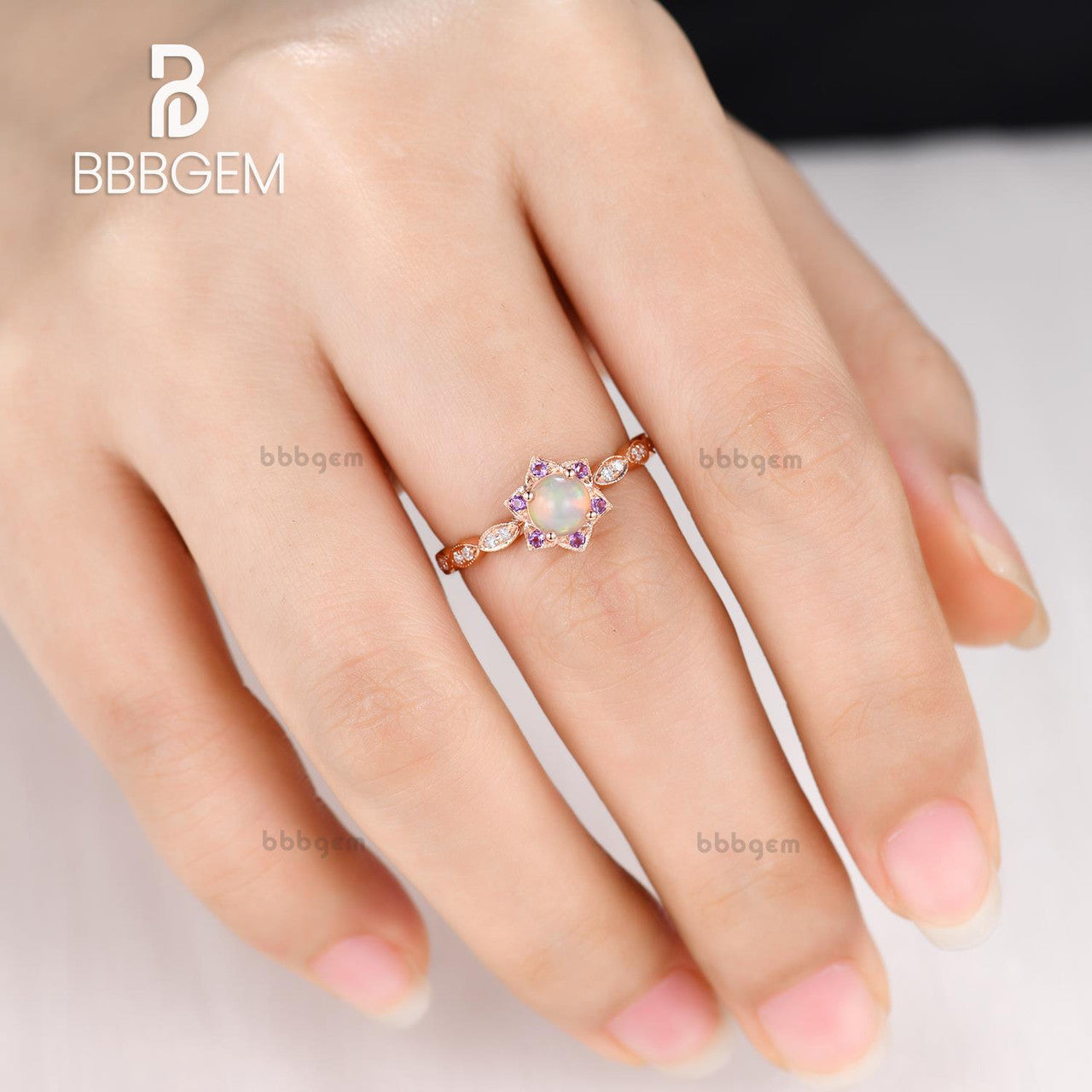 0.5 Carat Round Cut Opal & Amethyst Halo Engagement Ring in Rose Gold - Elegant Dainty Jewelry for Wedding, Proposal & Anniversary Gifts