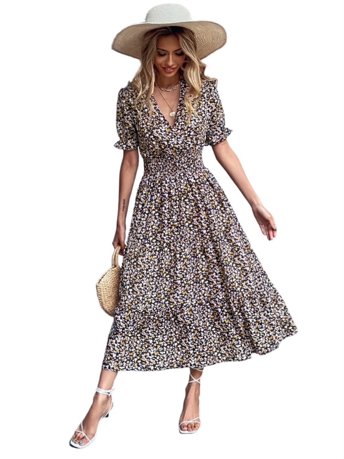 VIYAN Women's Floral Summer Casual Dress with Shirred Waist & Flounce Sleeve - A-line Short Sleeve Dress for Beach, Vacation, and Everyday Wear