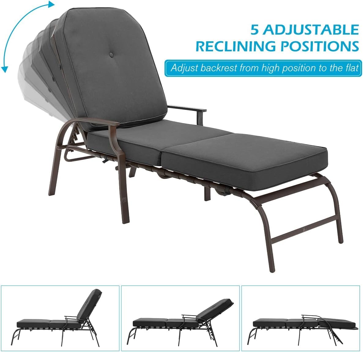 U-MAX Adjustable Outdoor Chaise Lounge Chair Set of 2 - Patio Recliner with Armrest & Cushion - Waterproof Grey Poolside Furniture for Backyard, Deck, Beach & Garden Relaxation