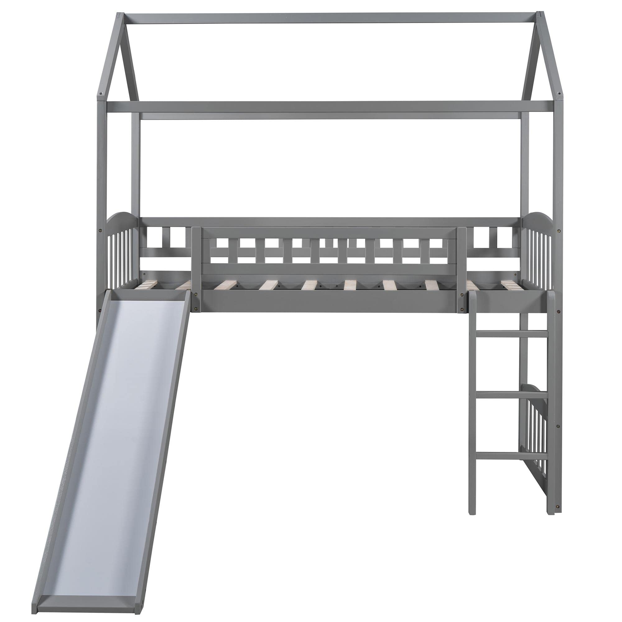 JINS&VICO Twin Loft Bed with Slide and Ladder - Wooden Playhouse Bed with Roof & Safety Guardrails for Kids - Space-Saving Bunk Bed (77.4