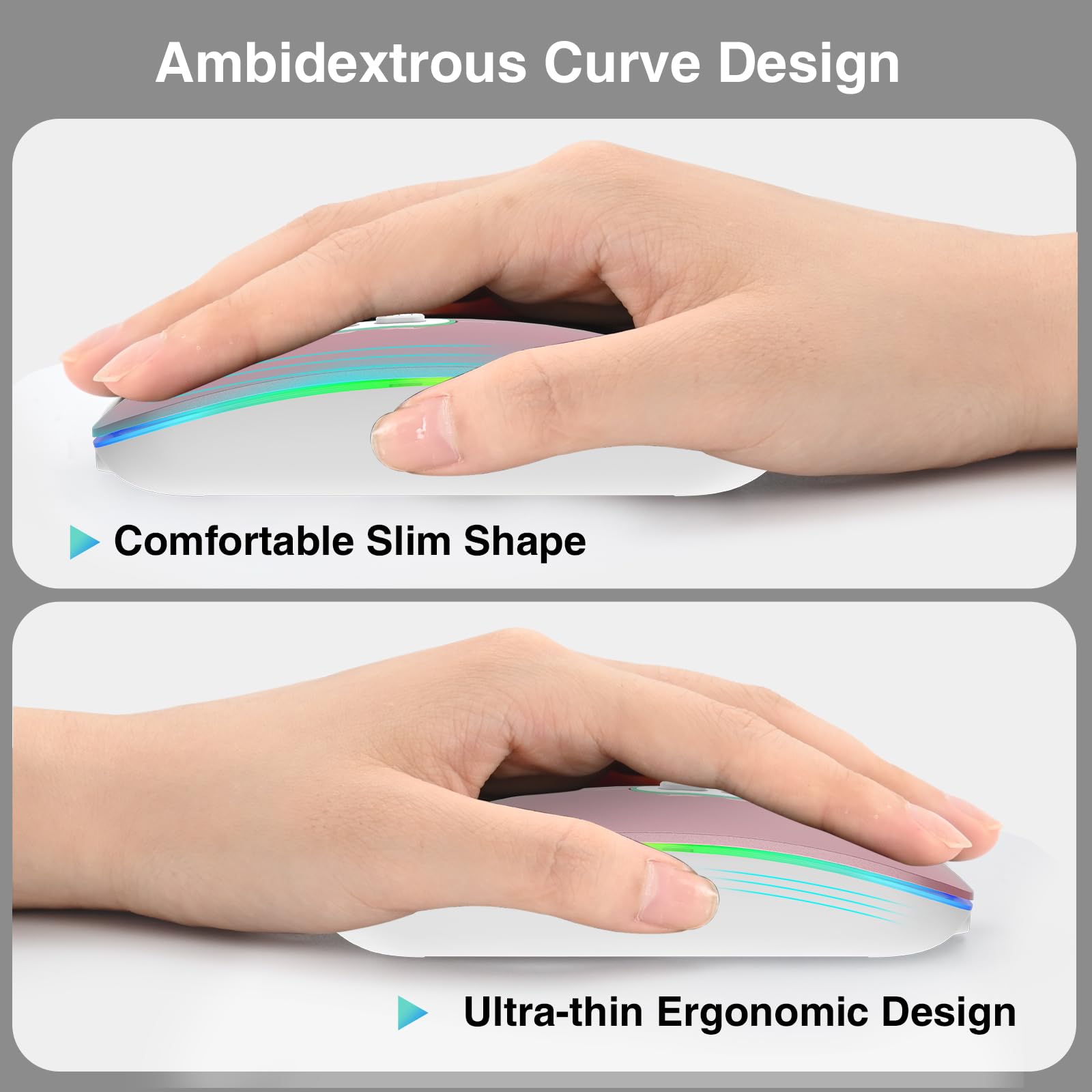 Wireless Bluetooth Mouse - Ergonomic Rechargeable Computer Mouse with Ultra Slim LED Design, Quiet Click for Office & Home Use - Perfect for Work, Gaming, or Gift (Girlfriend/Mom) - Compatible with Keyboard & Mouse Pads