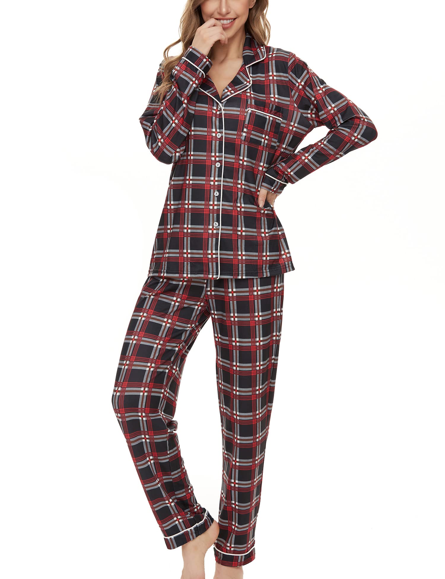 SWOMOG Women's Long Sleeve Pajama Set - Soft Button Down Sleepwear & Lounge Pjs for Cozy Nights at Home or Sleepovers