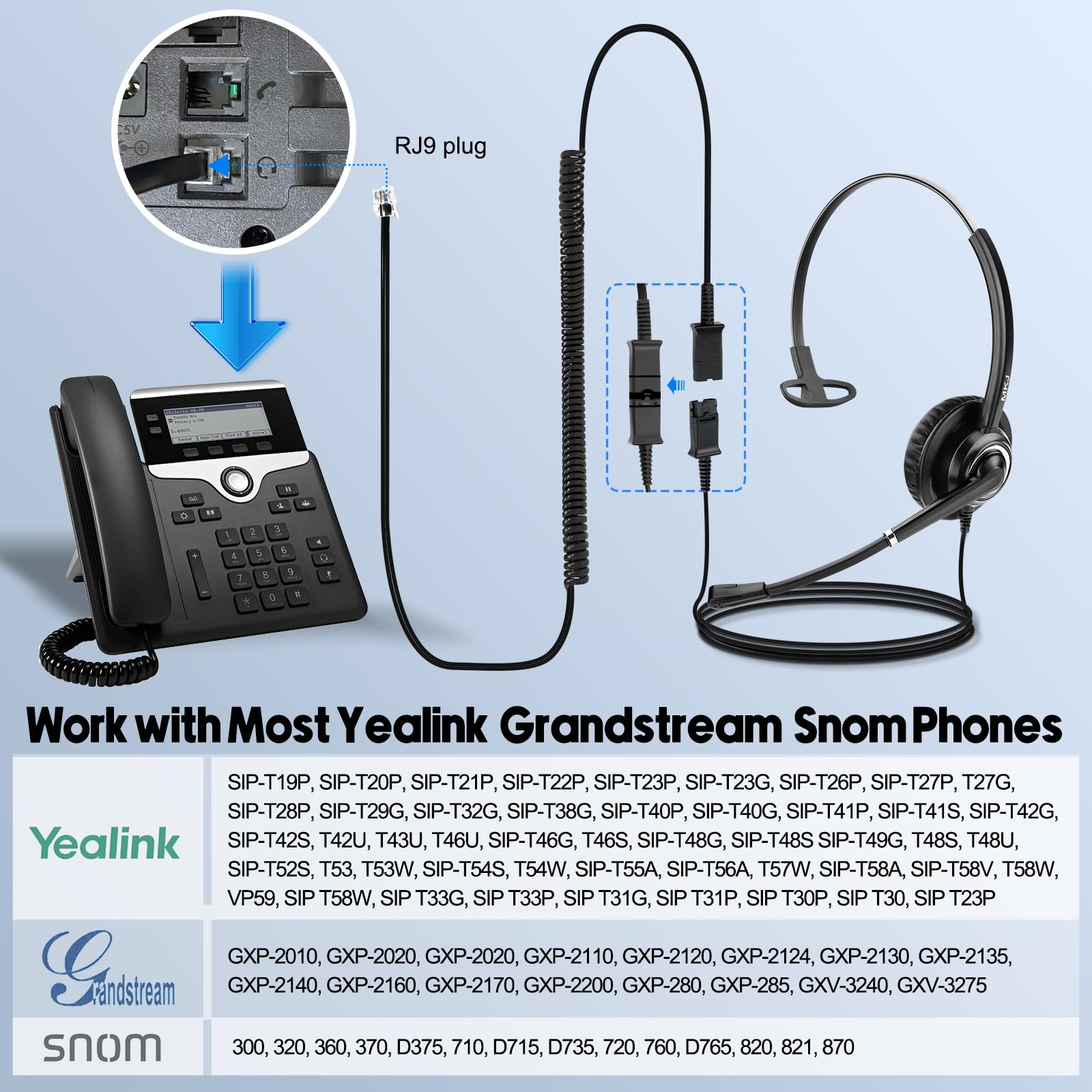 MKJ RJ9 Telephone Headset with Noise Canceling Microphone - Compatible with Panasonic KX-HDV130, Yealink T19P/T21P/T28P/T32G/T42G/T46G, Snom & GXP2170 Office Phones - Ideal for Call Centers & Business Communications