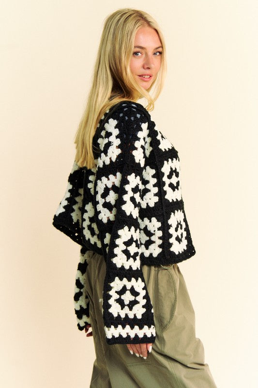 Full Size Two Tone Flower Square Crochet Cardigan - Women's Boho Chic Knit Sweater for Spring & Fall - Perfect for Casual Outfits, Beach Cover-ups, and Festival Fashion