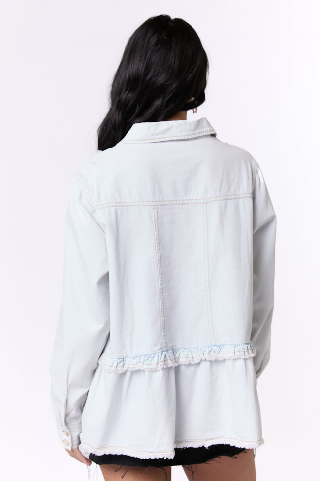 Light Wash Ruffle Trim Peplum Chambray Blouse for Women - Casual Summer Tops for Work & Date Night Outfits