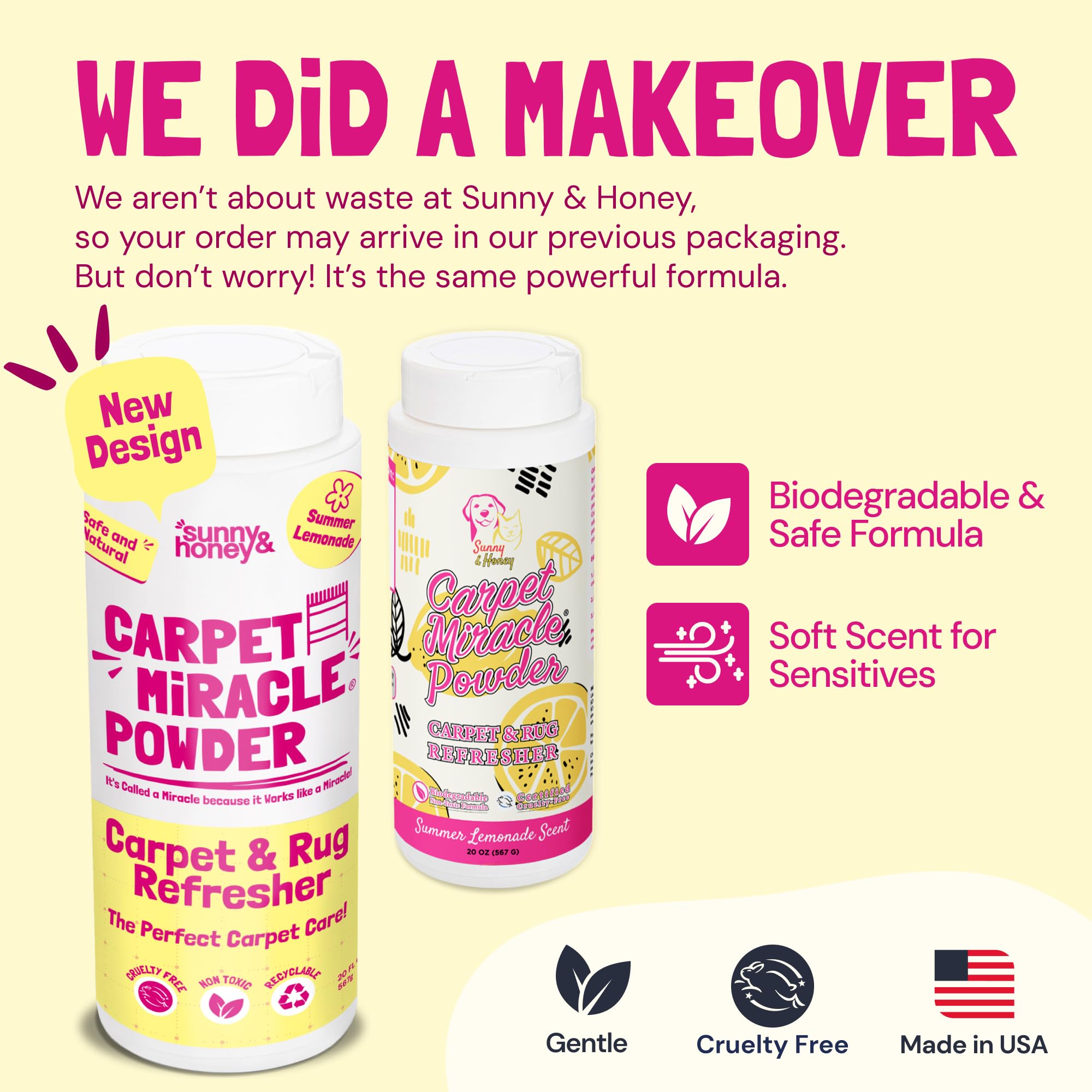 Sunny & Honey Carpet Miracle Powder - 20 oz Lemon Scented Dry Carpet Cleaner for Kids & Pets | Pet Safe Carpet Deodorizer & Freshener | Removes Odors from Carpets, Rugs & Upholstery | Perfect for Homes with Children & Pets