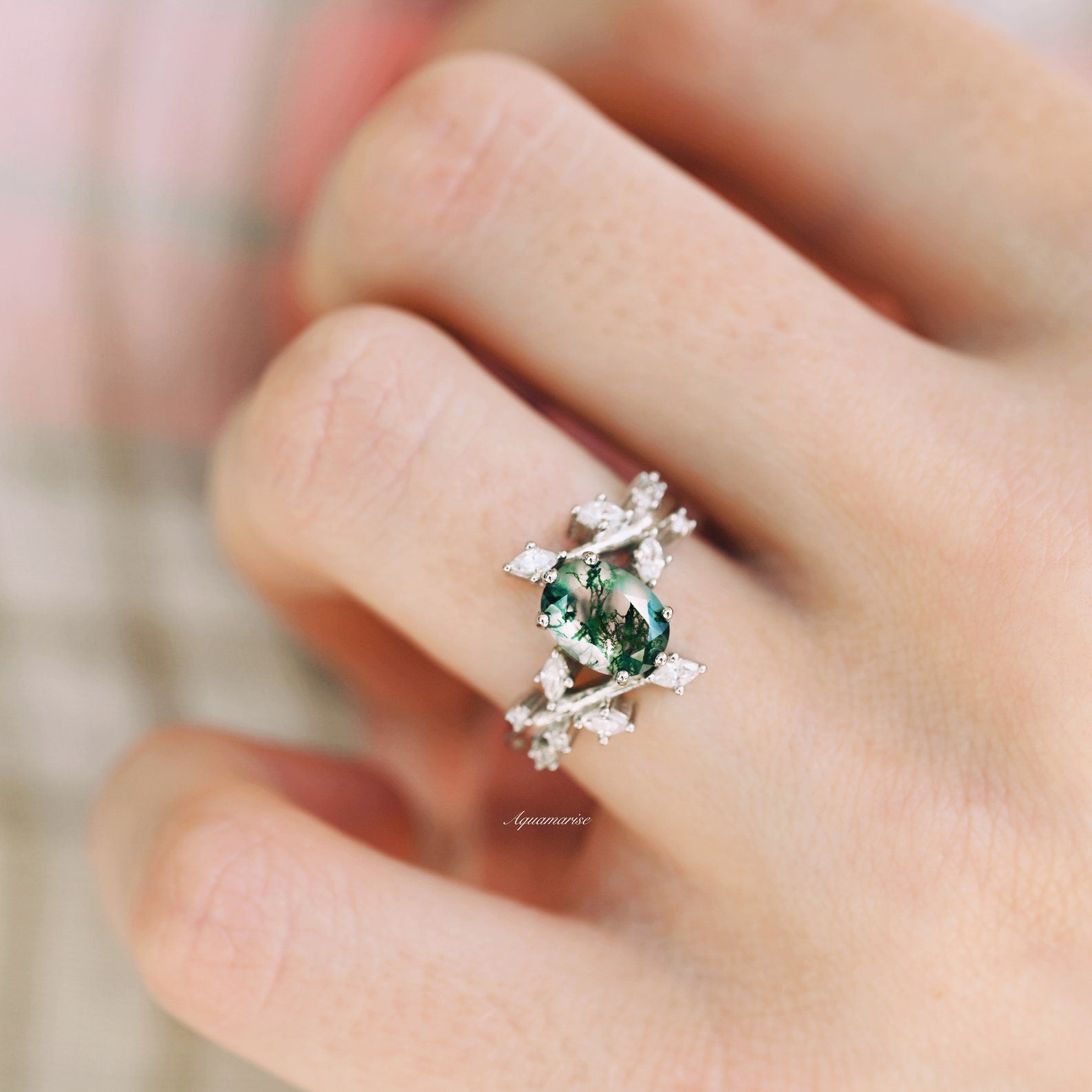 Green Moss Agate Leaf Ring in Sterling Silver - Nature-Inspired Jewelry for Women, Boho Style Gift for Her, Perfect for Everyday Wear & Special Occasions