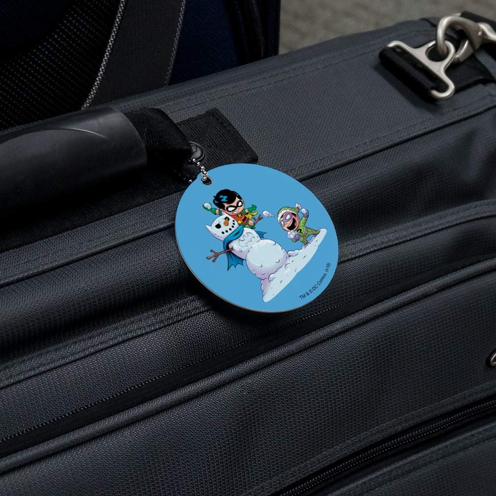 Robin and Riddler Snowball Fight Round Luggage ID Tag - Durable Suitcase Name Tag for Carry-On Bags - Perfect for Travel Identification and Themed DC Comics Fans