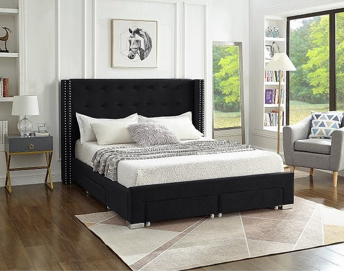 Luxury Black Velvet Winged Storage Bed with Deep Tufting & Nailhead Trim - Queen Size Upholstered Platform Bed Frame with Underbed Storage - Perfect for Modern Bedroom, Guest Room or Master Suite