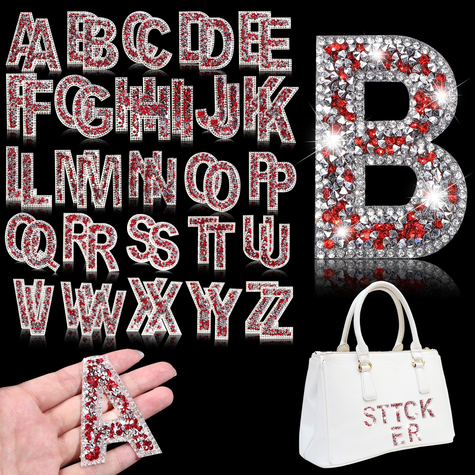Yinder Glitter Resin Rhinestone Alphabet Letter Stickers - Self-Adhesive A-Z Iron-On Crystal Letters for DIY Clothing, Scrapbooking & Crafts (Light Red, 52 Pieces) - Perfect for Custom T-Shirts, Denim Jackets & Home Decor Projects
