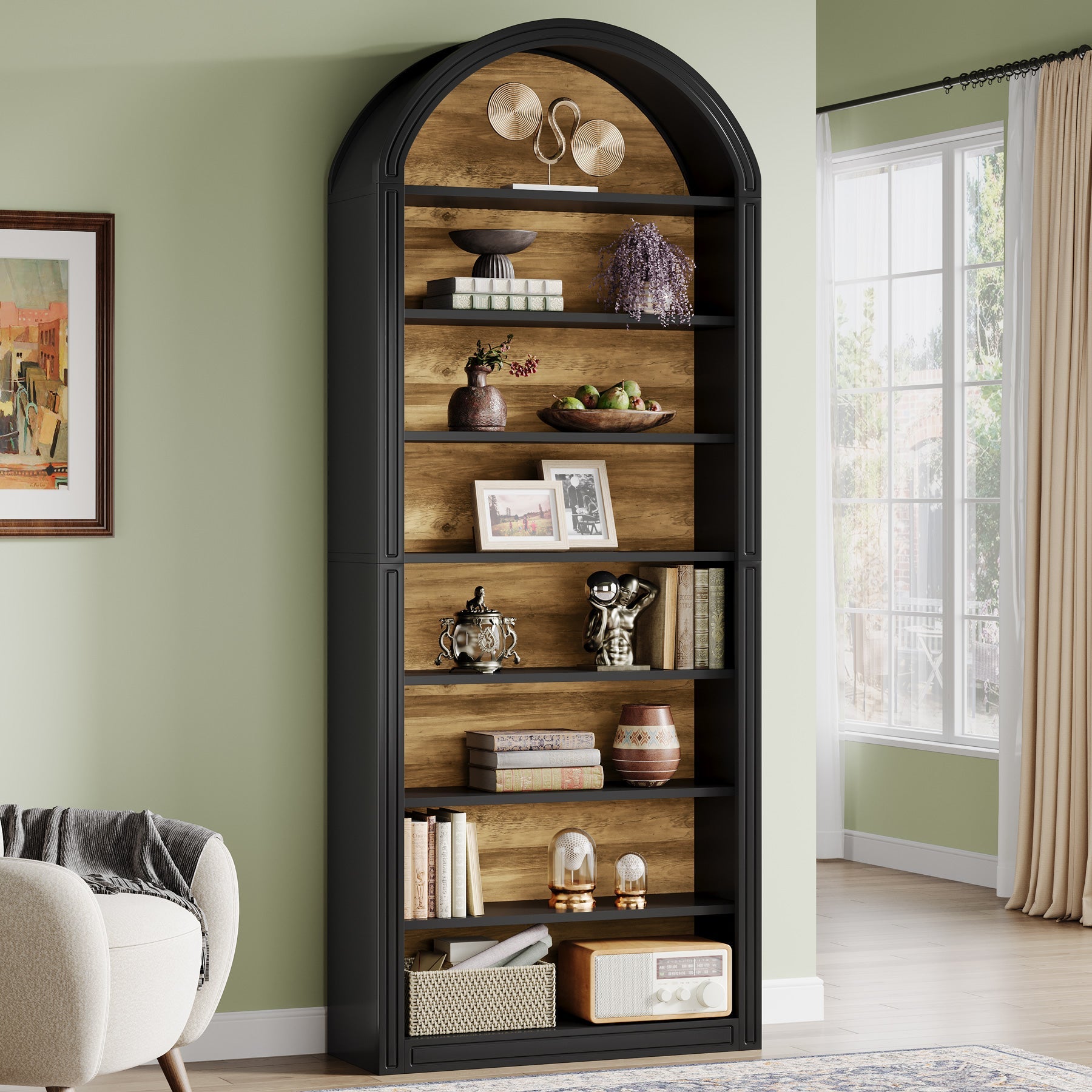 6/8 Tier Tall Wooden Bookshelf - Arched Bookcase Display Shelving Unit for Living Room, Office & Bedroom Storage & Organization