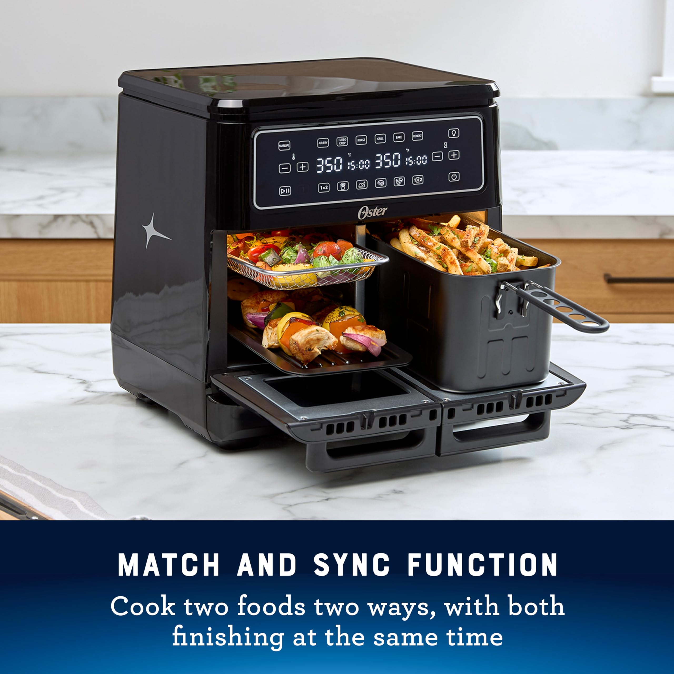 Oster 11-Quart Flex Air Fryer Oven - Dual Zone Air Fryer with 6 Cooking Functions & 2 Baskets - Large Capacity Countertop Air Fryer for Healthy Frying, Baking, Roasting - Perfect for Family Meals & Party Snacks