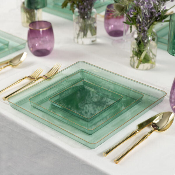 13 Inch Green Transparent & Gold Square Chargers (4-Pack) - Elegant Dinnerware for Parties, Weddings & Special Occasions