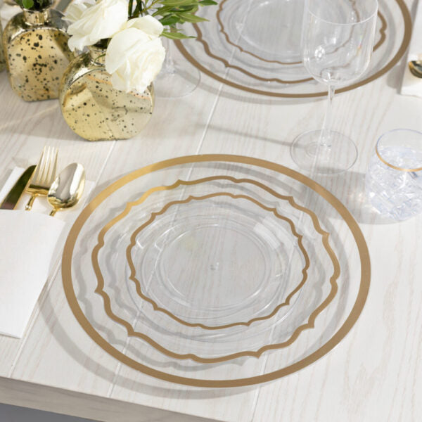 32-Piece Clear & Gold Rim Plastic Dinnerware Set for 16 Guests - Elegant Modern Dinnerware for Parties, Weddings & Outdoor Dining - Shatterproof & Dishwasher Safe