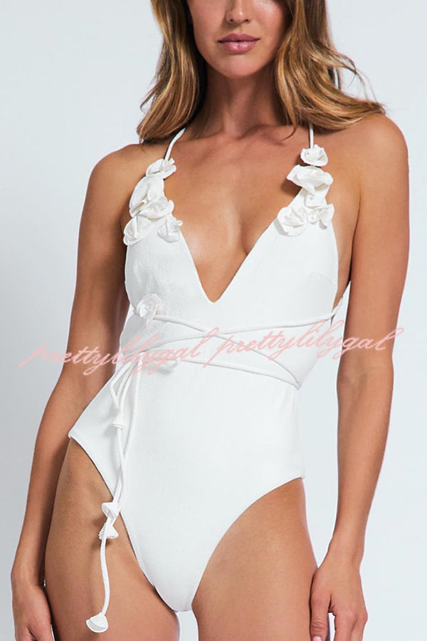 Solid Color Lace-Up Floral One Piece Swimsuit - Stretchy Comfort for Beach, Pool & Summer Vacations